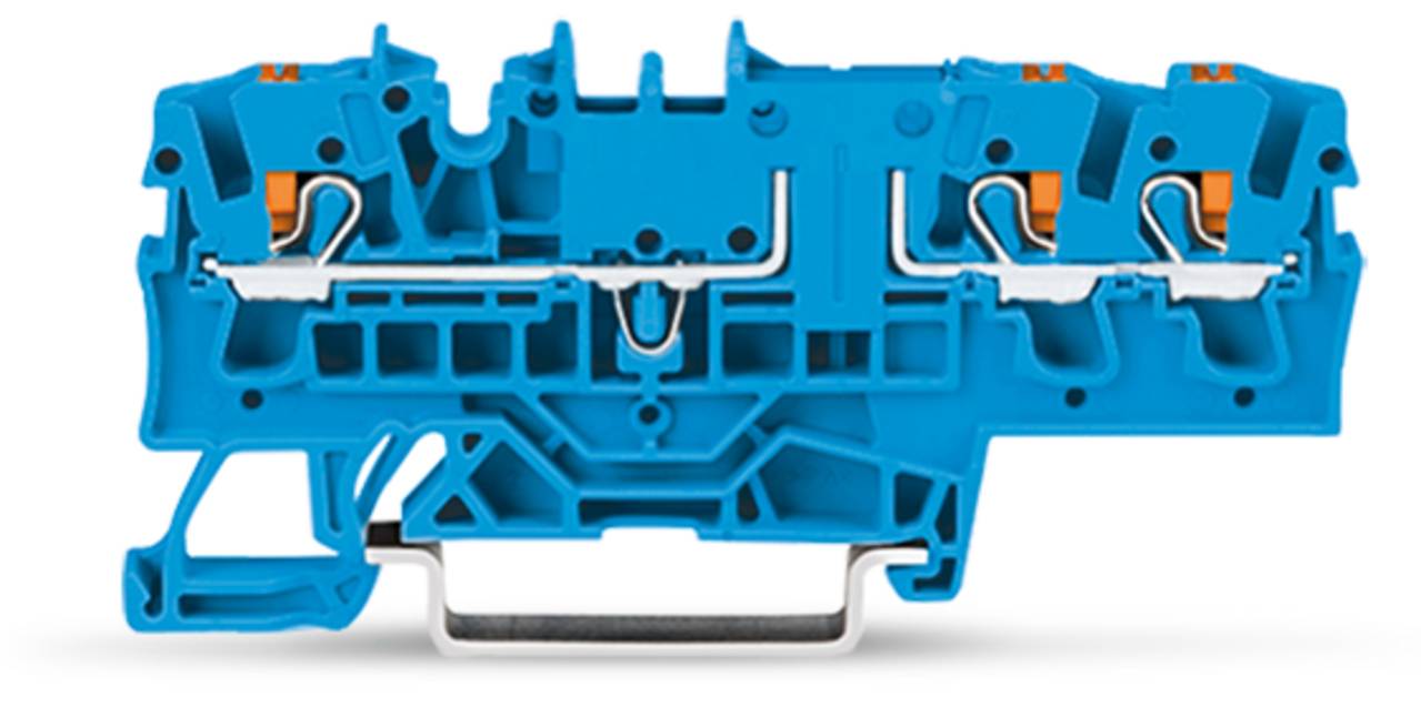 Ein blauer Elektroklemmenblock mit mehreren Anschlussöffnungen und Metallbefestigungen zum Festklemmen von Drähten.