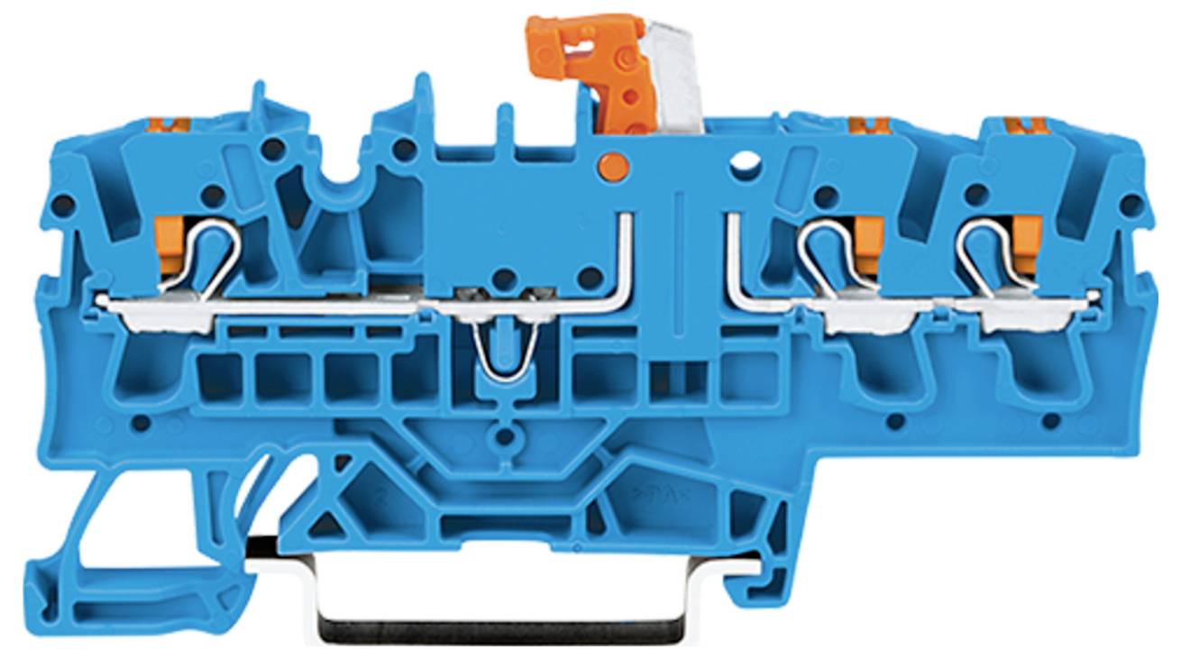 Ein blauer Elektrikklemmblock mit internen Metallverbindern und einem orangefarbenen Hebel, der zum Sichern und Verbinden von Drähten verwendet wird.