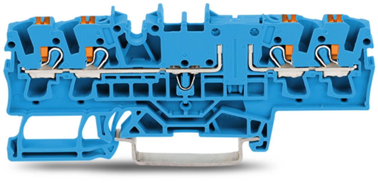 Ein blaues elektrisches Klemmenblock mit mehreren Anschlüssen, das eine Innenansicht seiner Verdrahtungswege und strukturelles Design zeigt.