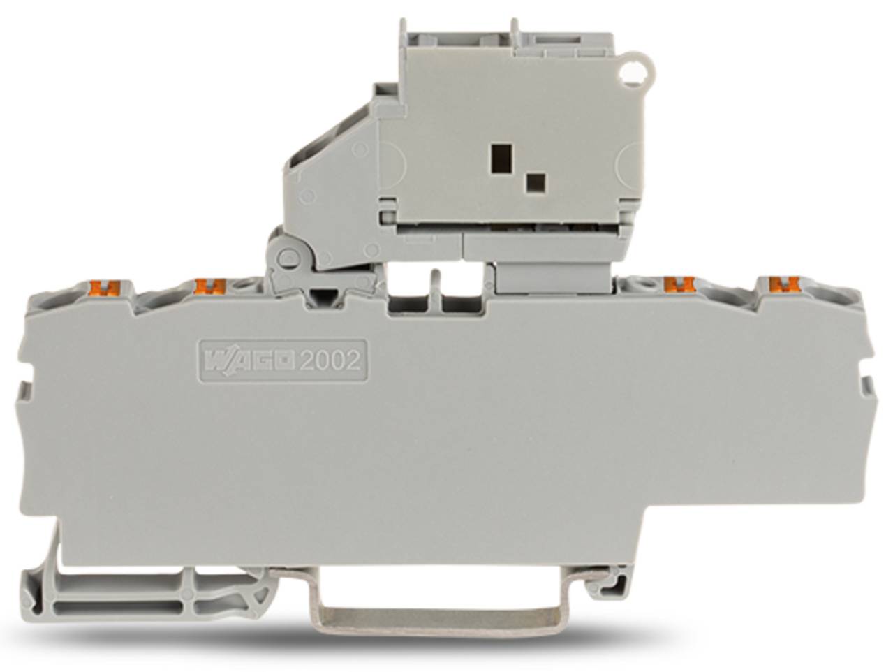 Graues WAGO 2002 Elektroklemmenblock mit dualem Stufendesign, mit sichtbaren Anschllusspunkten und Mechanismus zum Sichern von Drähten.