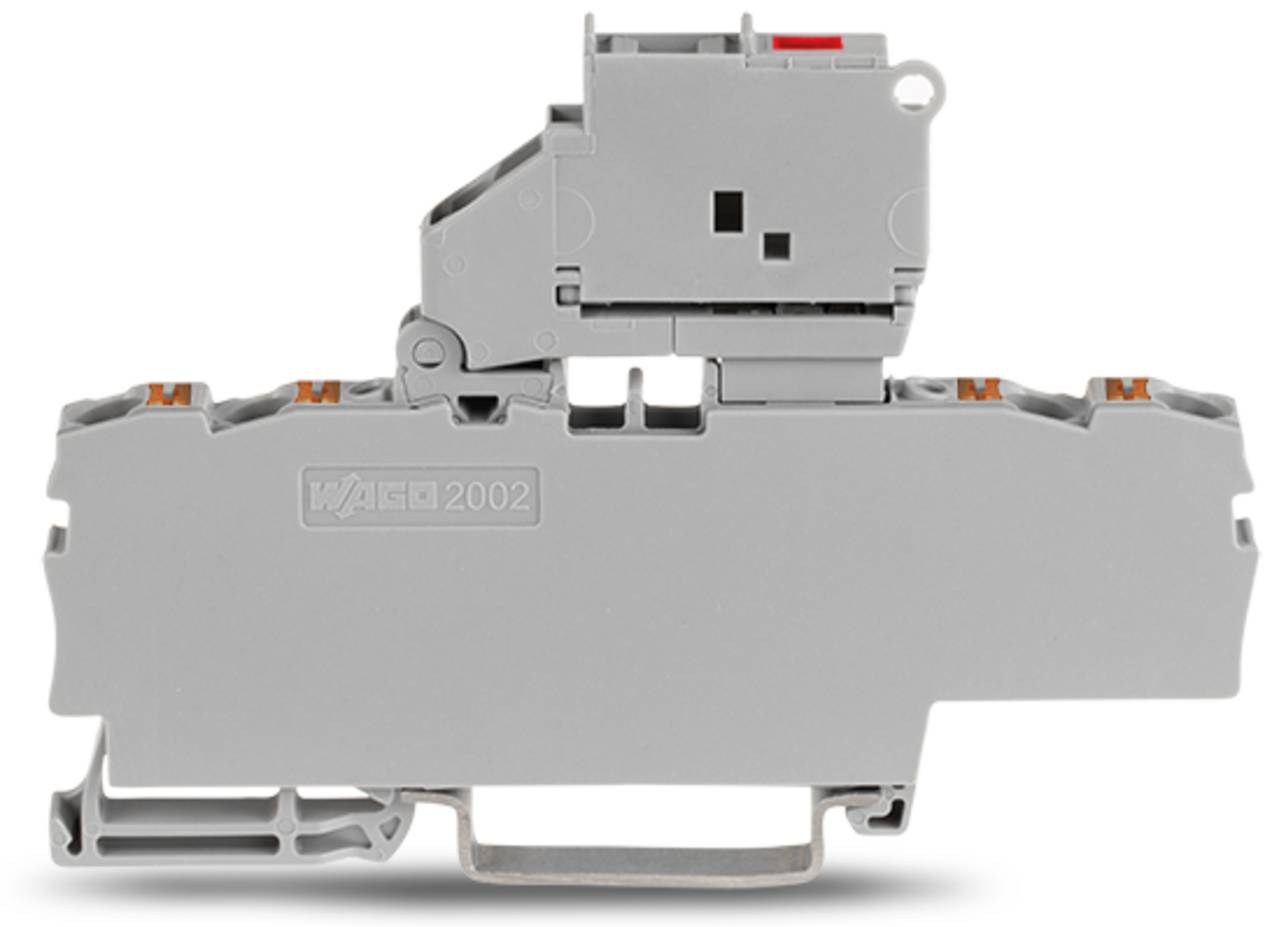 Ein grauer Klemmenblock mit der Bezeichnung „WAGO 2002