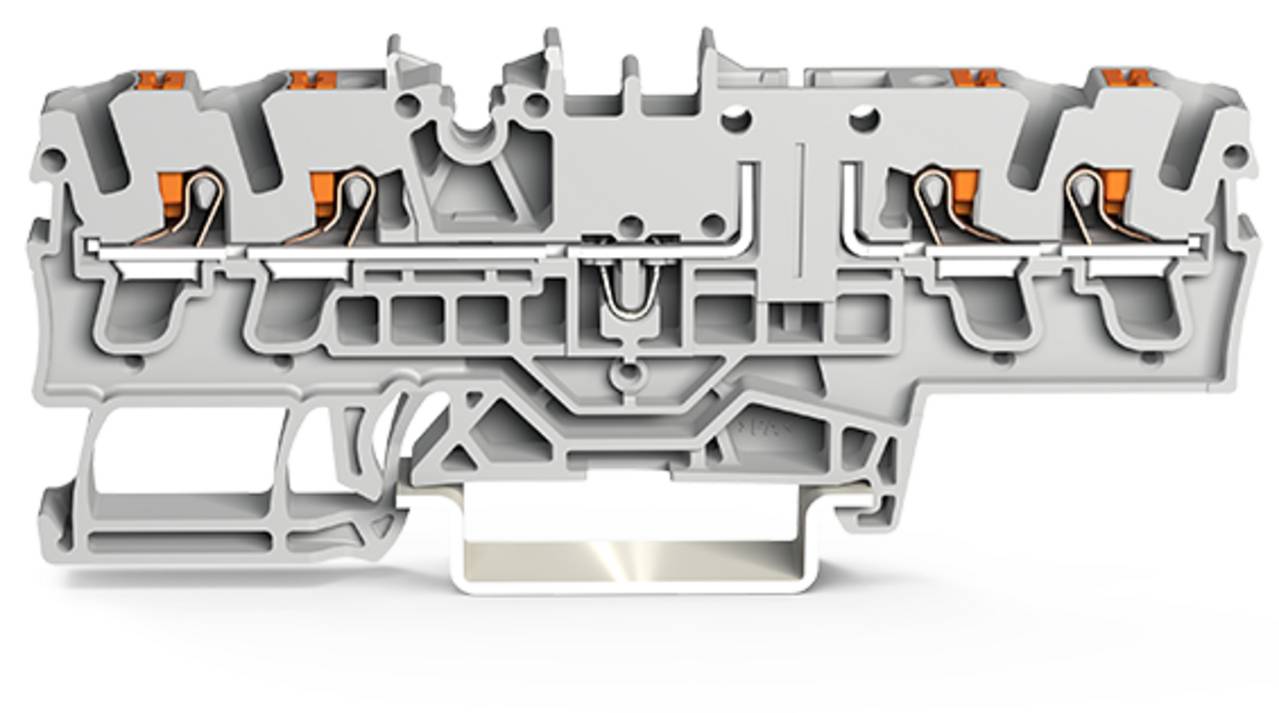 Querschnitt eines grauen Elektroklemmenblocks, der interne Metallverbinder und Leitungswege für Drähte mit mehreren Anschlüssen zeigt.