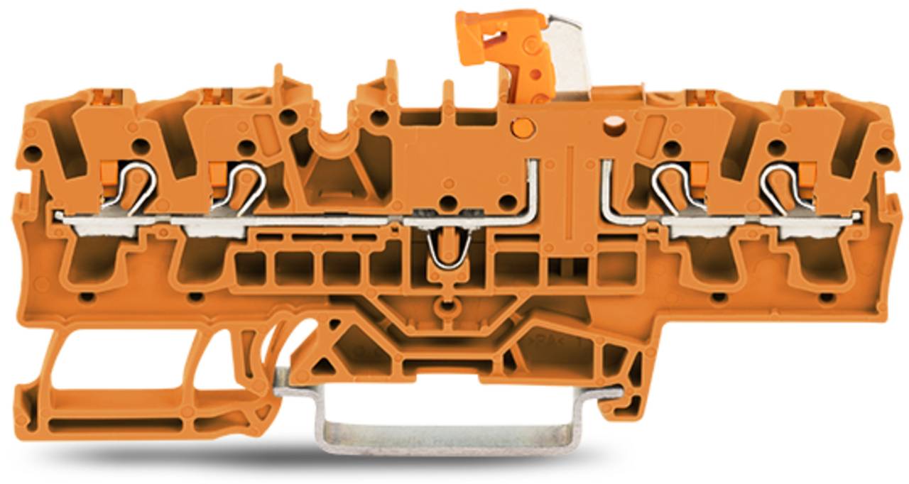Ein orangefarbenes modulares Federklemmen-Klemmenleistenblock mit sichtbarer innerer Struktur, die Verbindungspunkte und Stromwege zeigt.