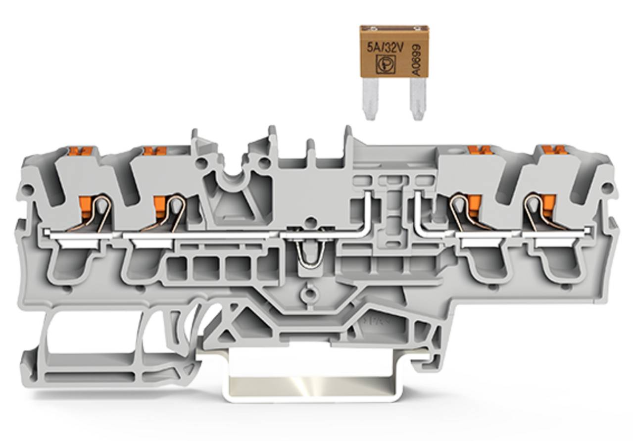 Ein Querschnitt eines zweistufigen Klemmblocks mit detaillierten sichtbaren Innenkomponenten, begleitet von einer darüber angebrachten Sicherung '5A/32V'.