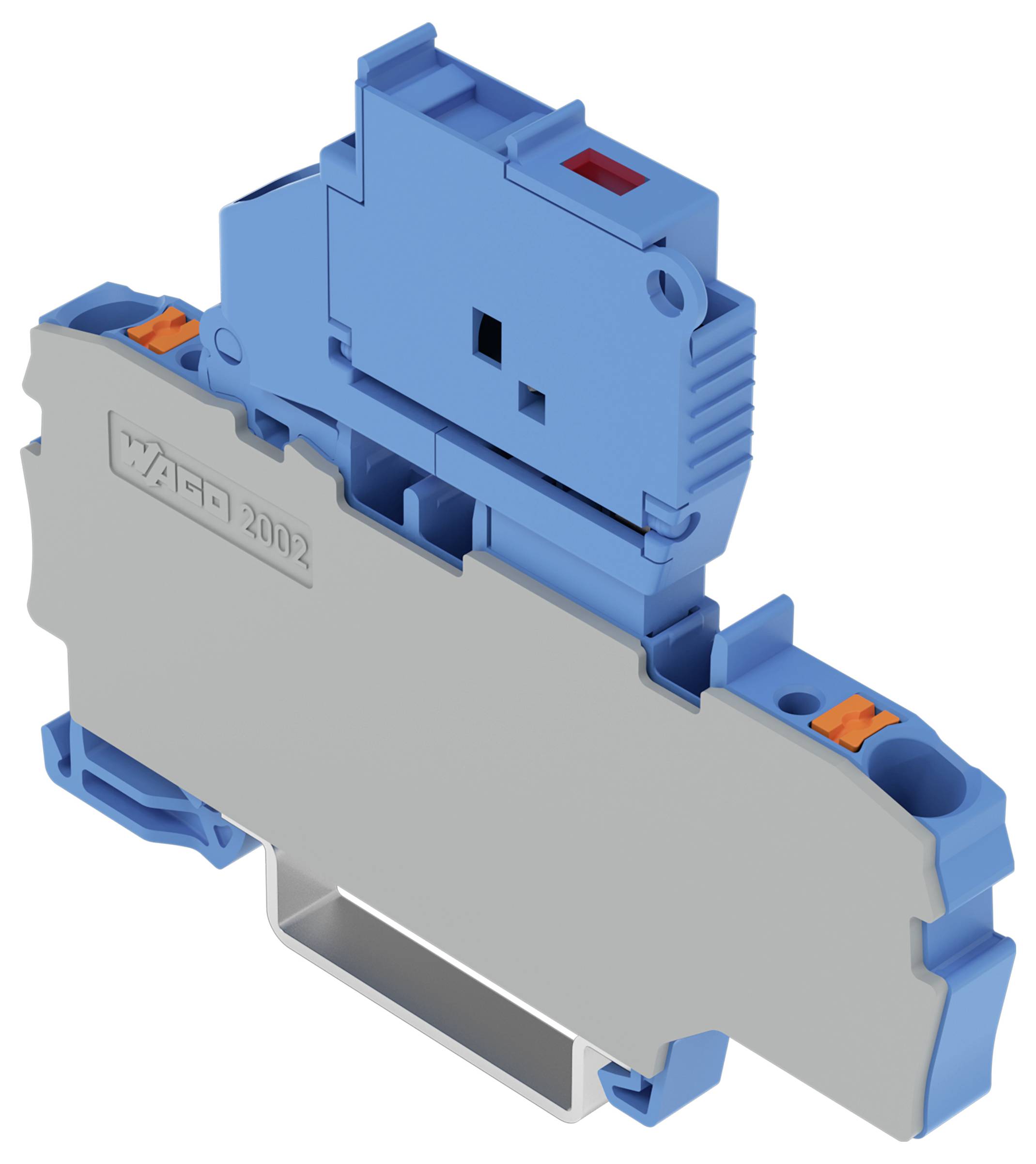 Ein blau und grau gefärbtes elektrisches Gerätekomponent mit orangefarbenen Anschlüssen, möglicherweise eine Klemmleiste oder ein Relaissteckdose zur Befestigung auf einer Hutschiene.