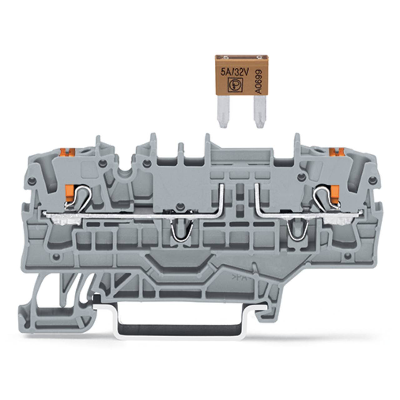 Ein graues Elektroterminalblock wird unten neben einer 5A/32V-Schaltungssicherung angezeigt, die ihre Kompatibilität für elektrische Verbindungen anzeigt.
