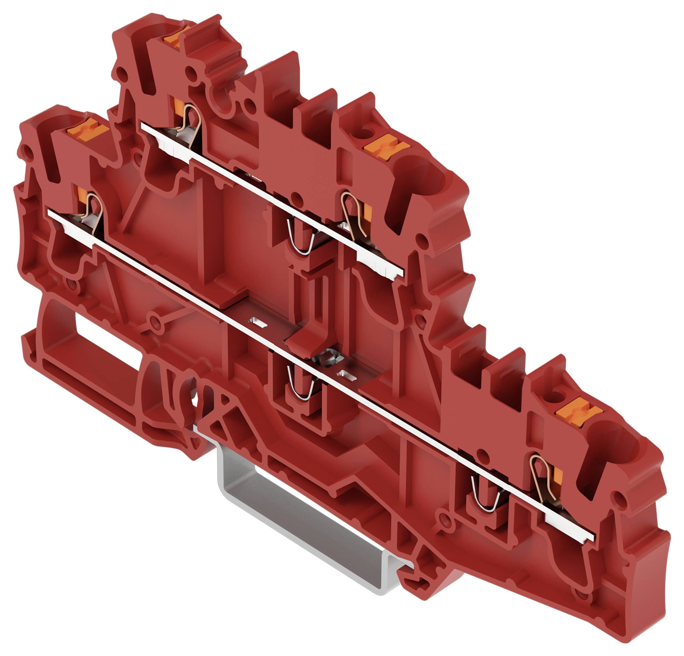 Ein rotes elektronisches Klemmleistenblock mit komplexen Komponenten und Steckverbindern wird für elektrische Schaltungsverbindungen verwendet.