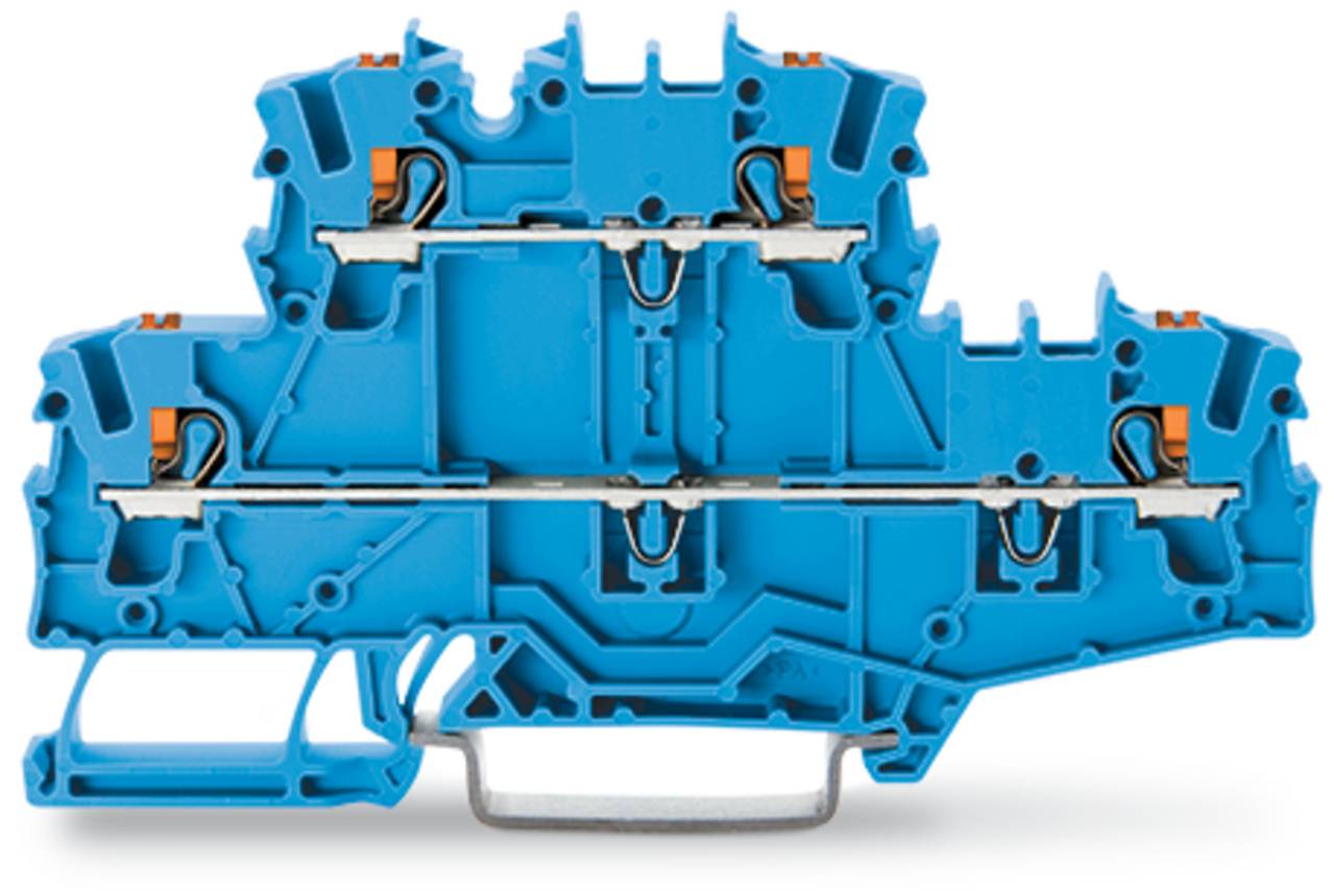 Ein blauer Klemmblock mit mehreren Anschlüssen, der zum Sichern und Verbinden von Drähten in einem Elektrosystem verwendet wird.