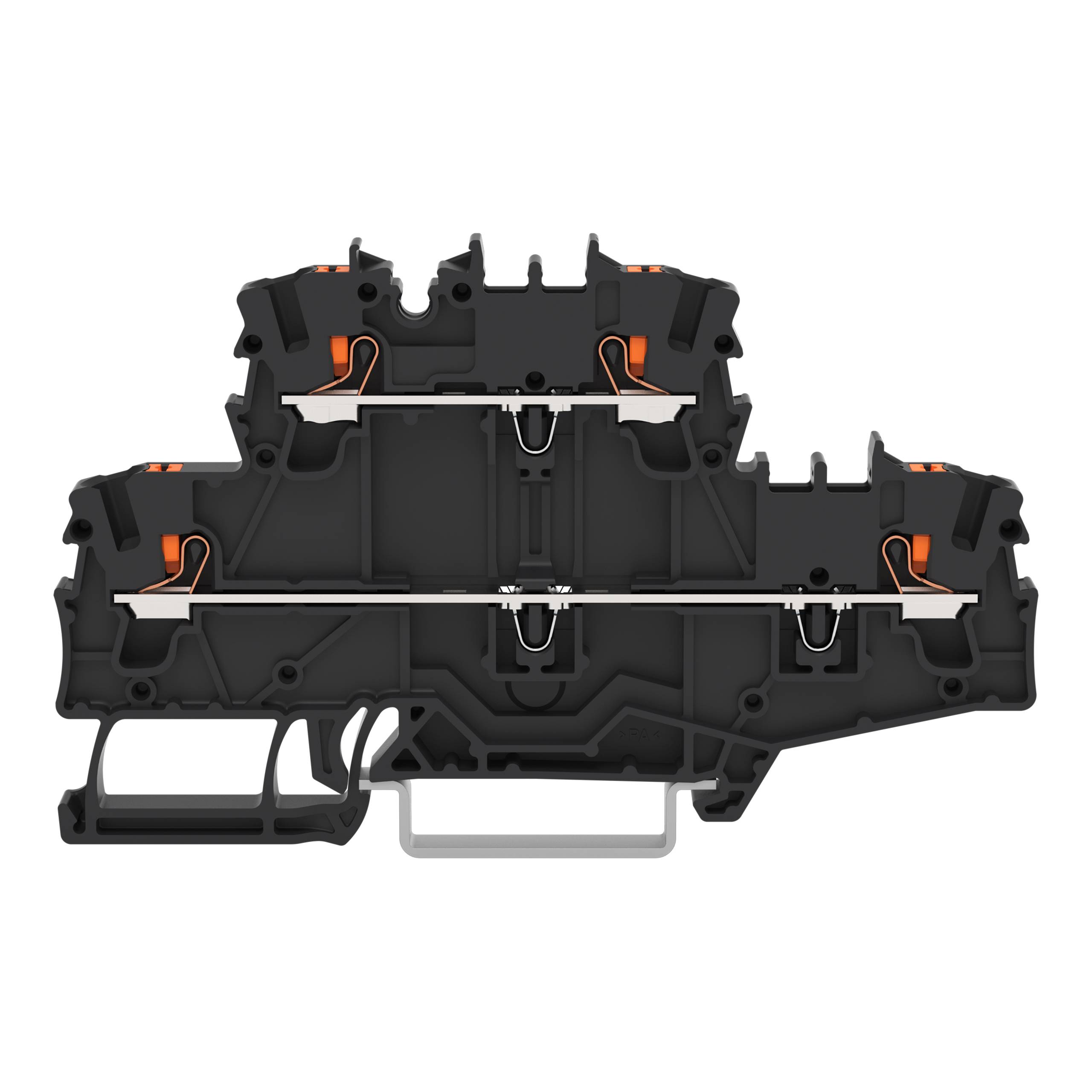 Ein schwarz-oranges modulares Klemmleistenblock mit kompaktem Design, das zwei Hauptanschluss-verbindungspunkte und eine Montageschiene für Stromkreise aufweist.