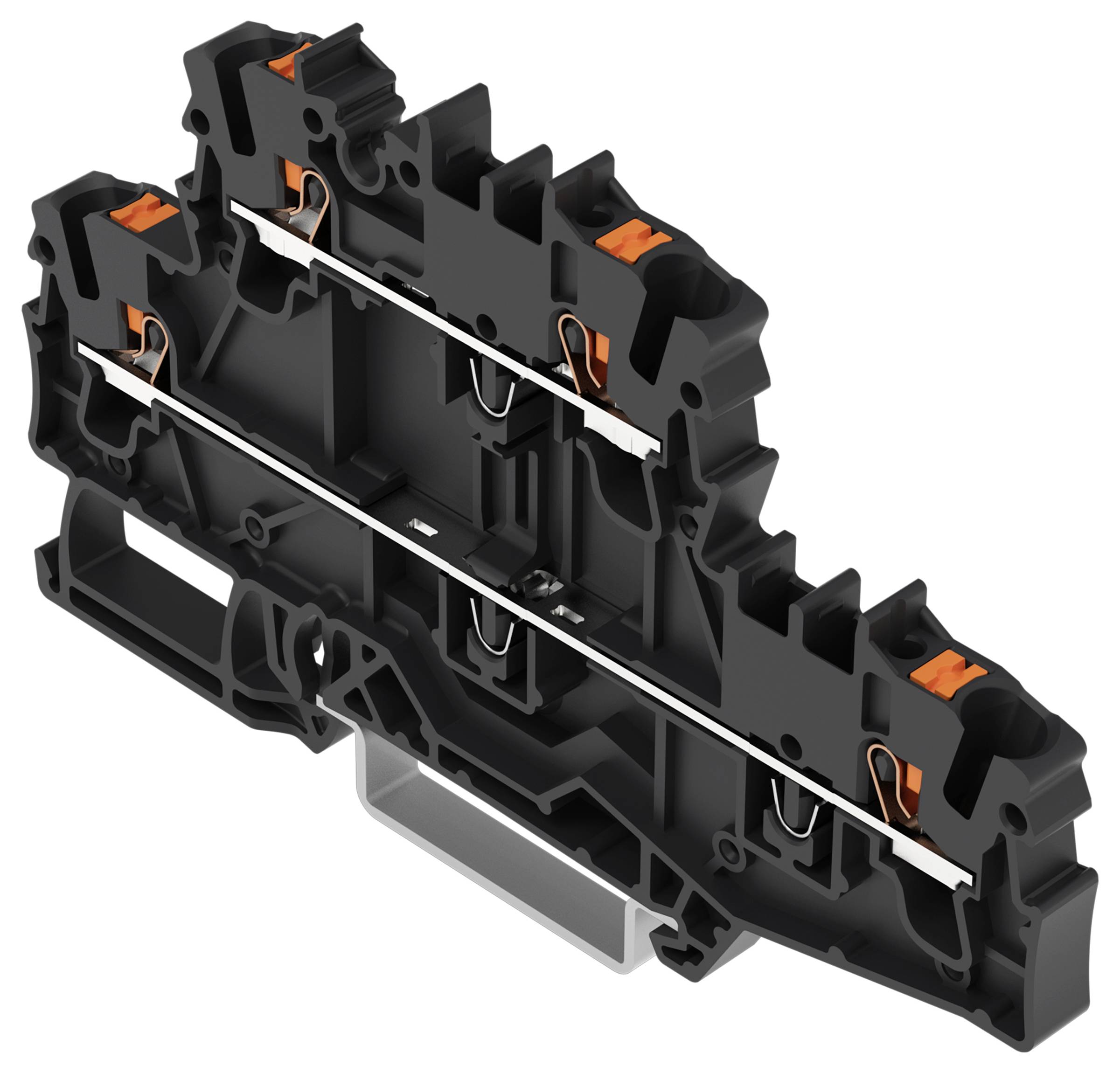 Schwarze und orangefarbene elektrische Anschlussleiste mit mehreren Anschlüssen für die Verdrahtung.