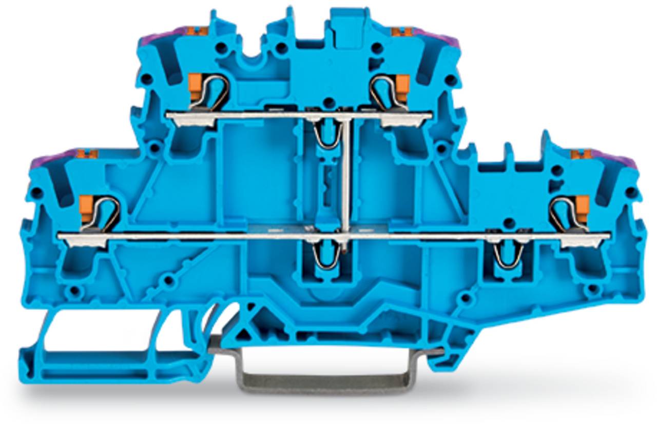 Ein blauer elektrischer Klemmblock mit mehreren Anschllusspunkten und Metallstangen zum Befestigen von Drähten, der in elektrischen Schaltkreisen verwendet wird.