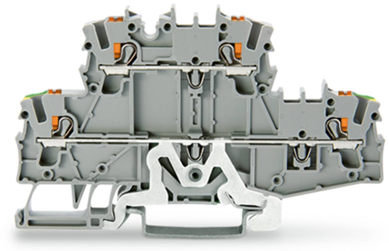 Ein graues modulares Klemmleistenblock mit mehreren Anschlußpunkten und orangefarbenen Hebelmechanismen, verwendet zum Organisieren und Verbinden von Stromkreisen.
