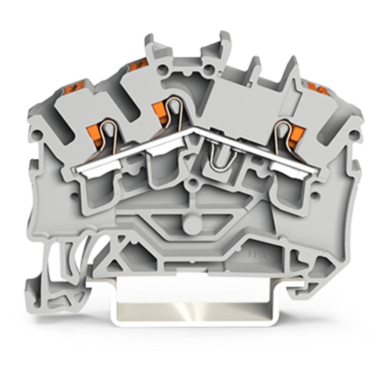 Eine Querschnittsansicht eines Klemmenblocks mit sichtbaren internen Komponenten, die mehrere Verbindungspunkte und orangefarbene Hebelmechanismen zeigt.