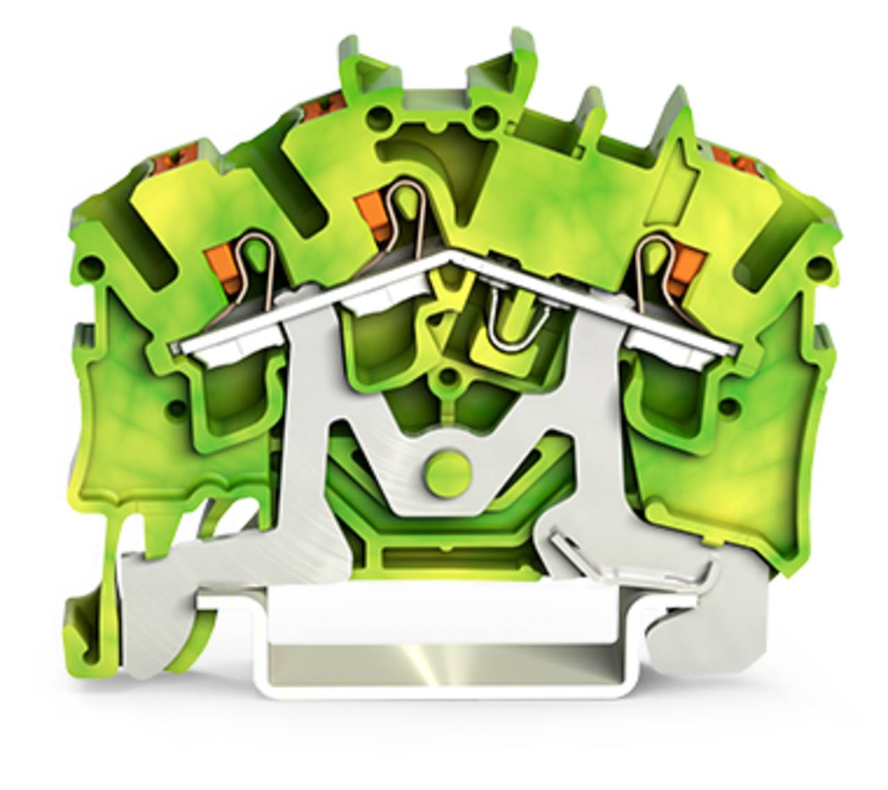 Schnittansicht eines grün und silbernen mechanischen Geräts mit sichtbaren Zahnrädern und Komponenten, das die innere Struktur und das Design zeigt.