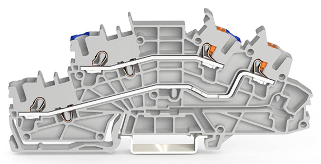 Querschnitt eines modularen Drahtleitungsklemmenblocks, der interne Stromleitungen und metallische Steckverbinder für elektrische Schaltungen zeigt.