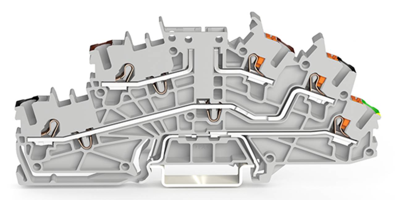 Eine detaillierte Schnittdarstellung eines grauen elektrischen Klemmblocks zeigt interne Metallkomponenten und Verdrahtungskanäle für Steckverbinder und Schaltkreise.