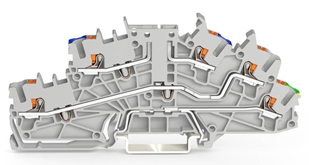 Querschnitt eines modularen elektrischen Klemmblocks mit inneren Leitungswegen und Verbindungspunkten für Leiter.