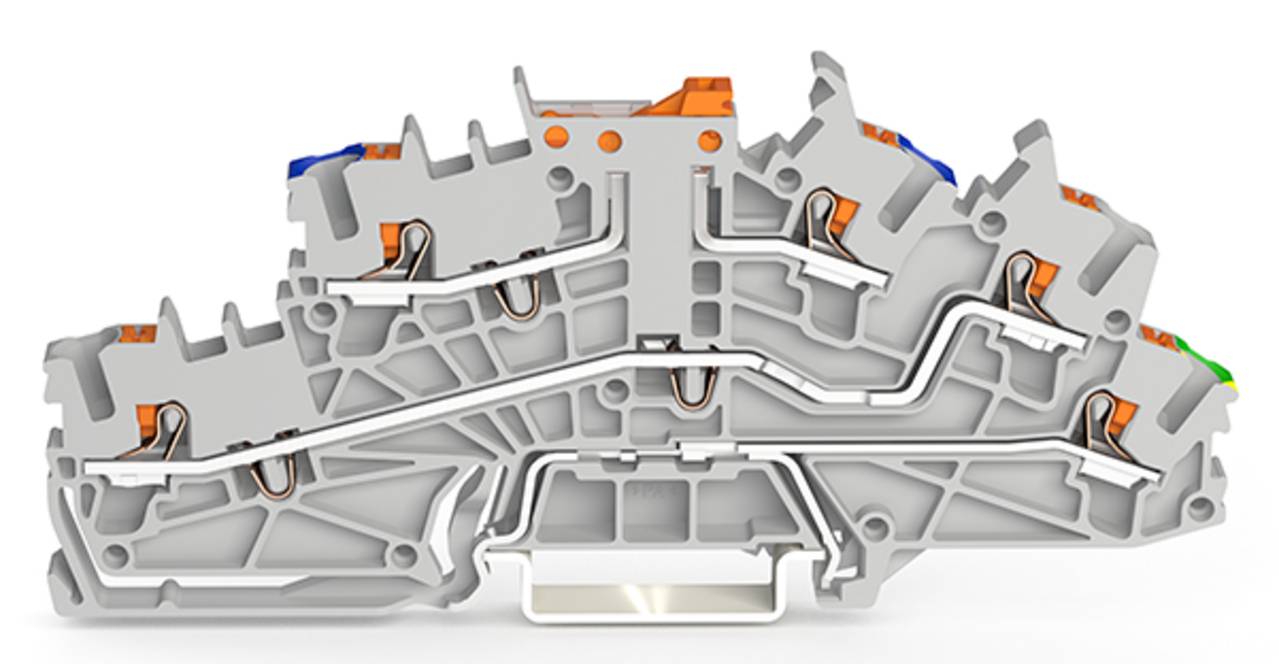 Querschnitt eines industriellen Klemmblocks mit internen Verdrahtungspfaden und Verbindungspunkten, die die komplexe interne Struktur hervorheben.