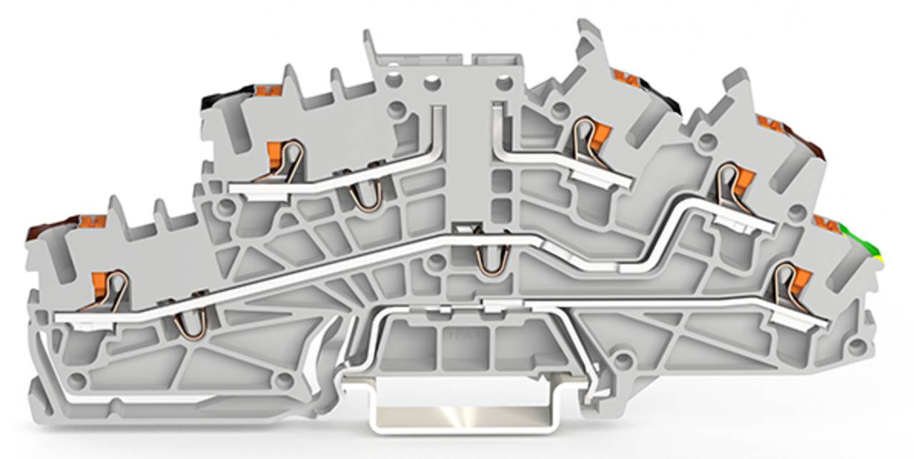 Querschnitt einer komplexen mechanischen Komponente, die orange und grüne Elemente, Wege und konstruktive Details zur technischen Überprüfung zeigt.