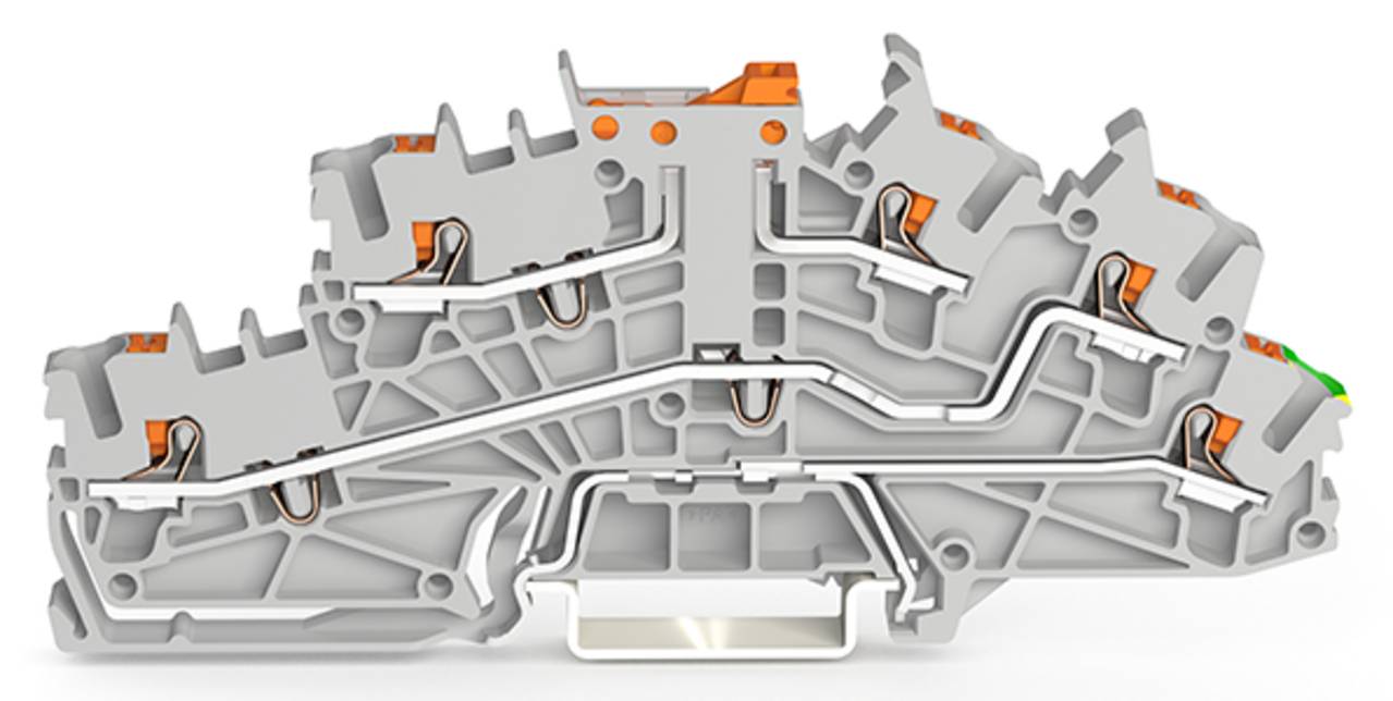 Querschnittsansicht einer elektrischen Reihenklemme mit internen Verdrahtungswegen und Verbindungspunkten, wobei orange Akzente Schlüsselbereiche markieren.