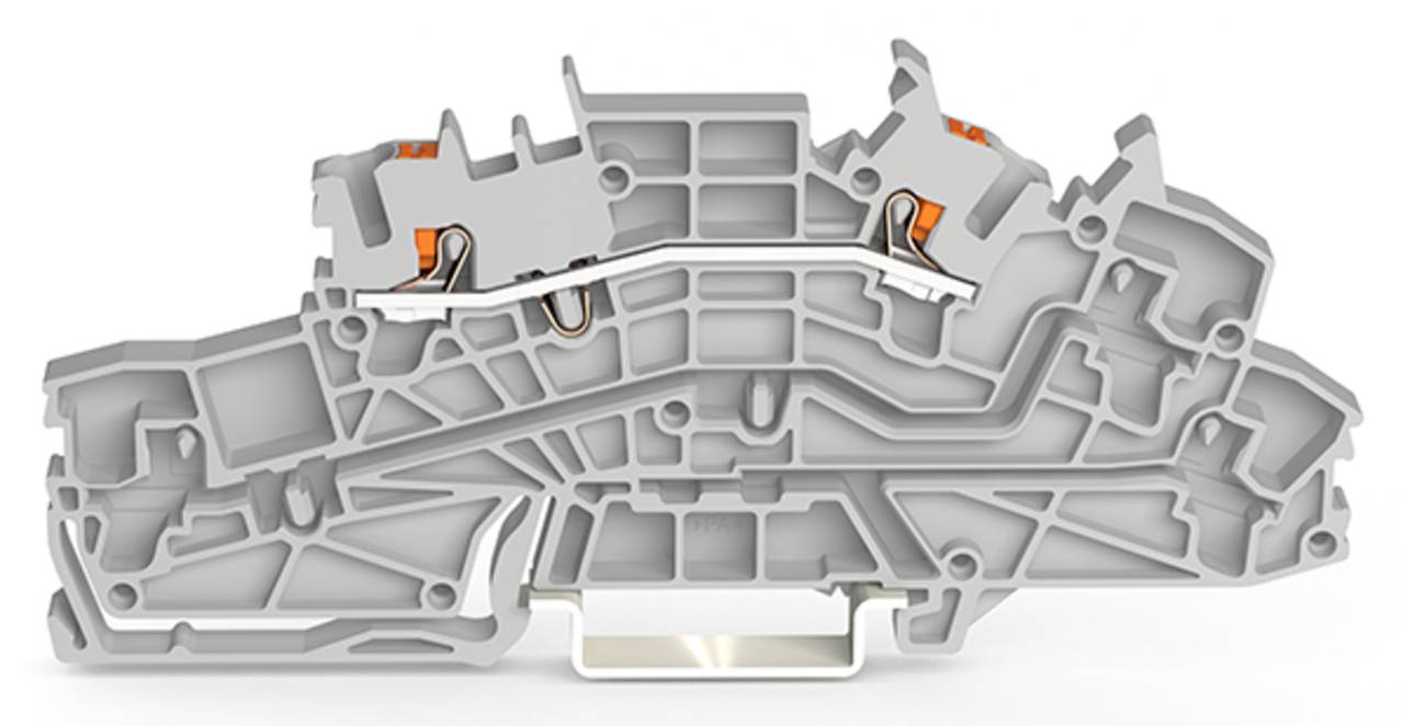 Querschnitt eines modularen Industrialklemmenblocks mit internen Fächern und Verbindungswegen in einem komplexen geometrischen Muster.