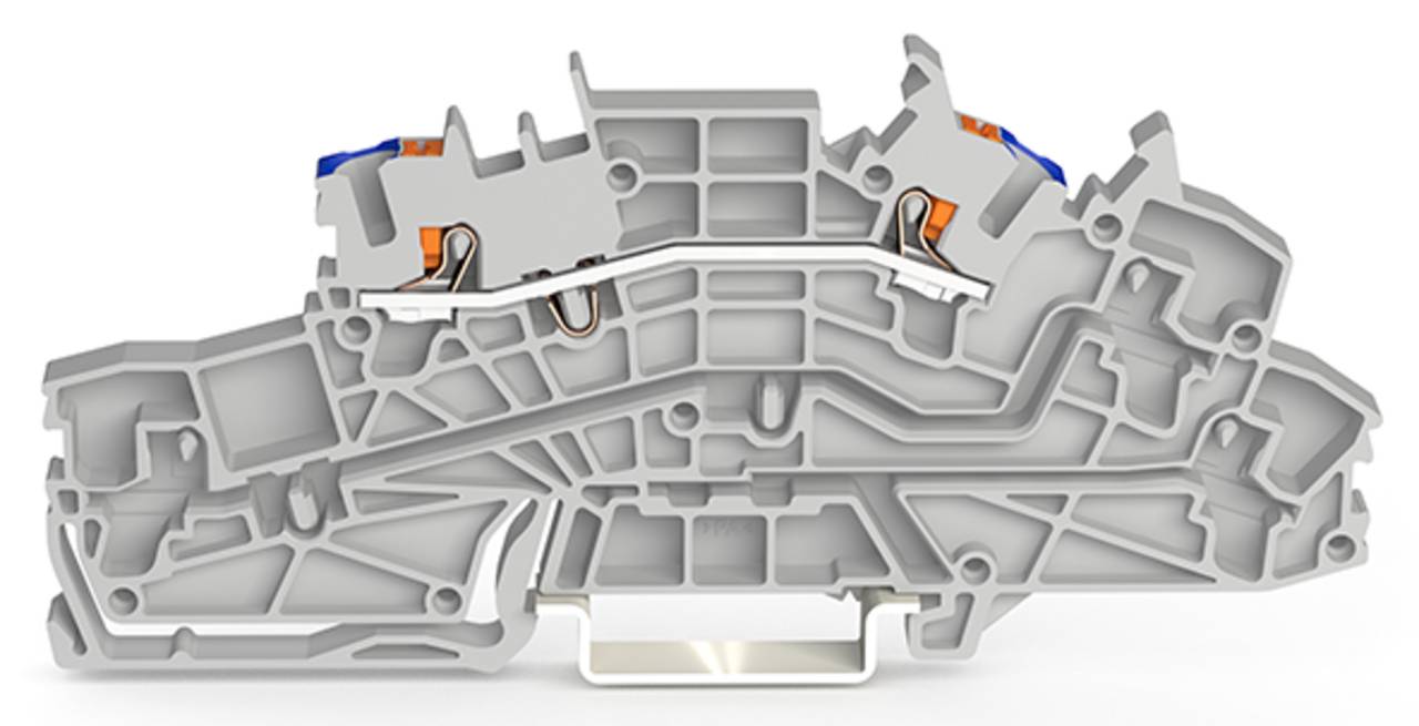Ein Querschnitt einer komplexen mechanischen Komponente zeigt interne Pfade und Kammern. Orange und blaue Teile kennzeichnen Verbindungen.