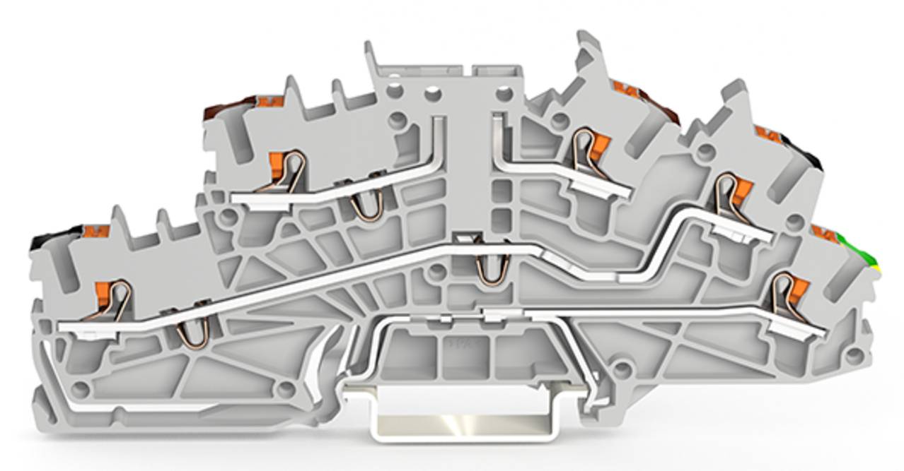 Ein Querschnittsblick auf einen komplexen elektrischen Kunststoff- und Metallstecker mit mehreren Kanälen und Kupferleitungen für Schaltverbindungen.