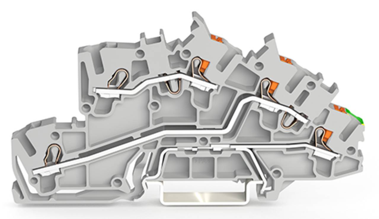 Querschnitt eines modularen Klemmblocks, der interne Verbindungen und Stromleitungswege für Elektrostrom zeigt. Komponenten umfassen Klemmen und leitfähige Wege.