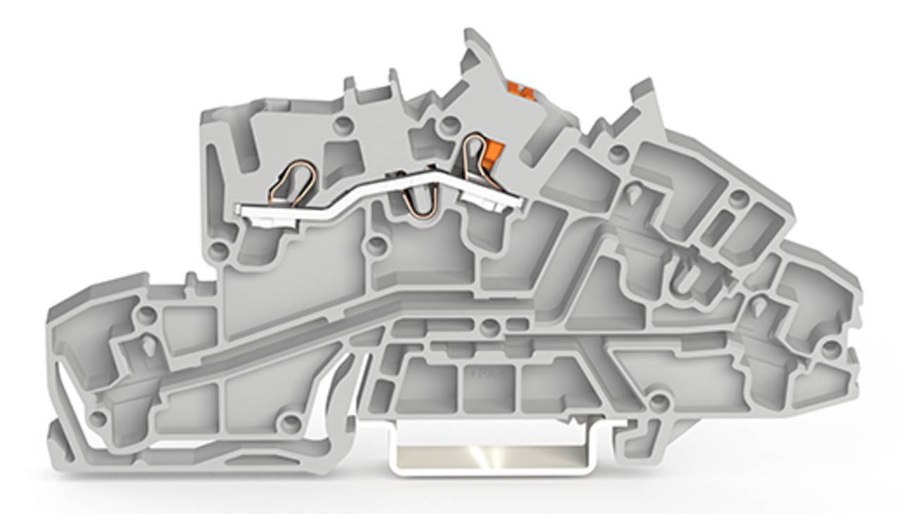 Eine Querschnittsansicht eines komplexen mechanischen Bauteils mit komplizierten internen Kanälen und Strukturen, die sein Konstruktionsdesign hervorhebt.