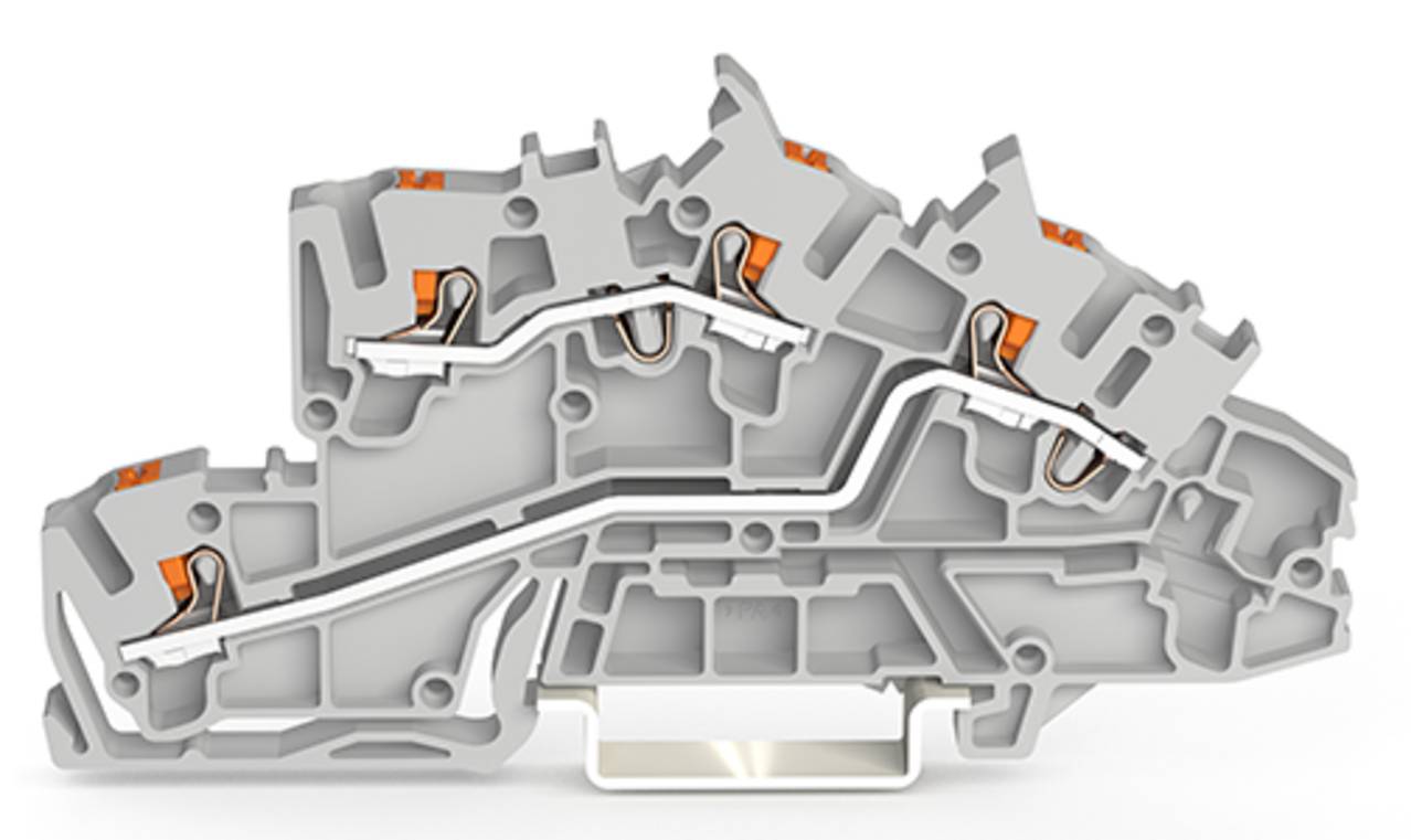 Querschnittsansicht einer grauen, mehrstöckigen Elektroklemmenleiste mit sichtbaren Kupferleitern und orangefarbenen Spannhebeln.