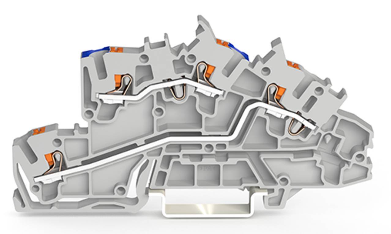 Querschnitt eines komplexen Elektrosteckverbinders mit internen Stromwegen und Verbindungen. Wichtigste Merkmale sind in Orange hervorgehoben.