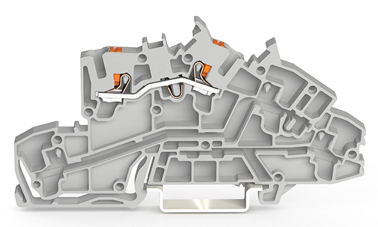Querschnitt eines komplexen Maschinenteils mit sichtbaren inneren Kammern, Anschlüssen und Wegen, die das mechanische Design veranschaulichen.