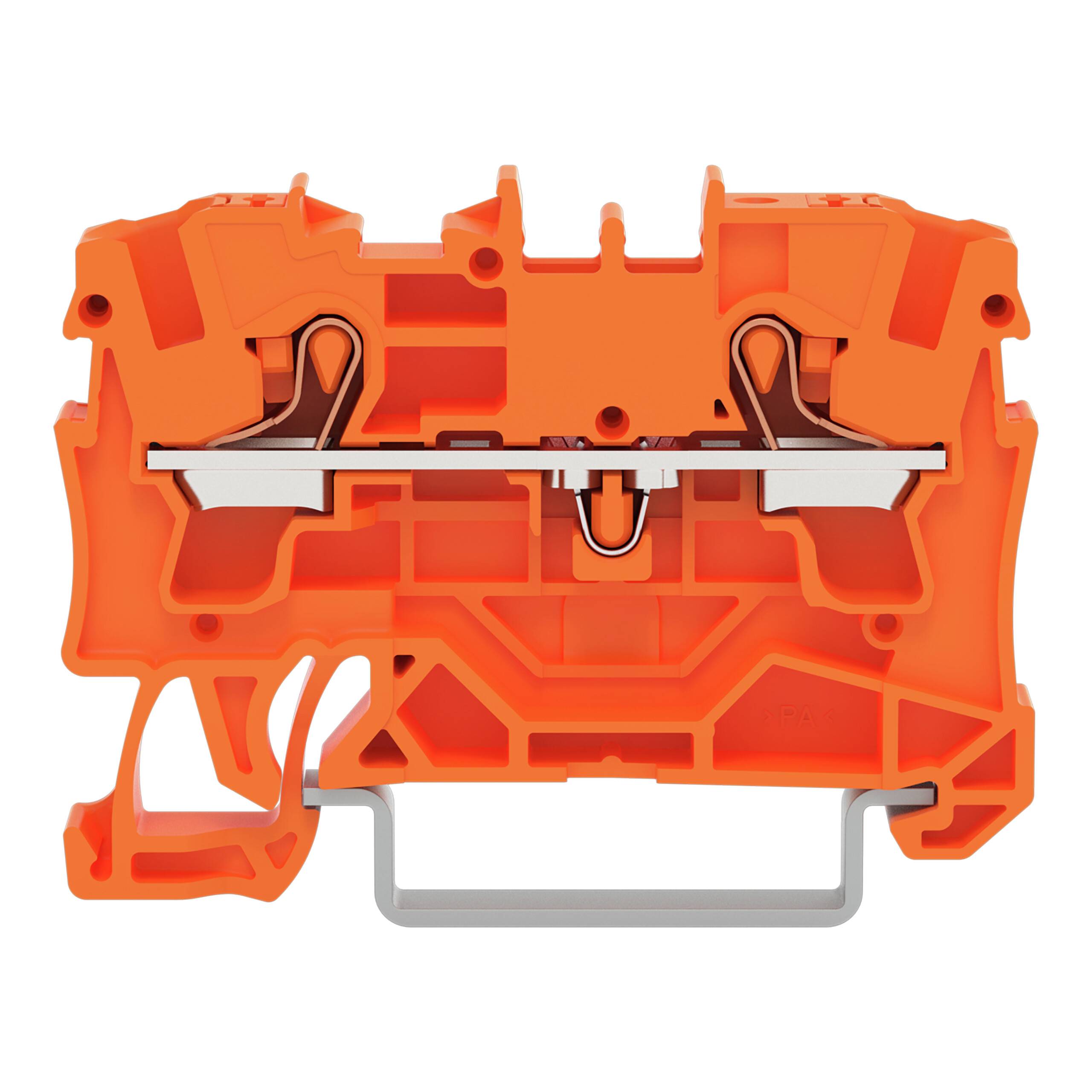 Ein orangefarbener Electrical Terminal Block mit Metallkontakten, entworfen zum Verbinden und Sichern von elektrischen Drähten in einem Schaltkasten oder Gerät.