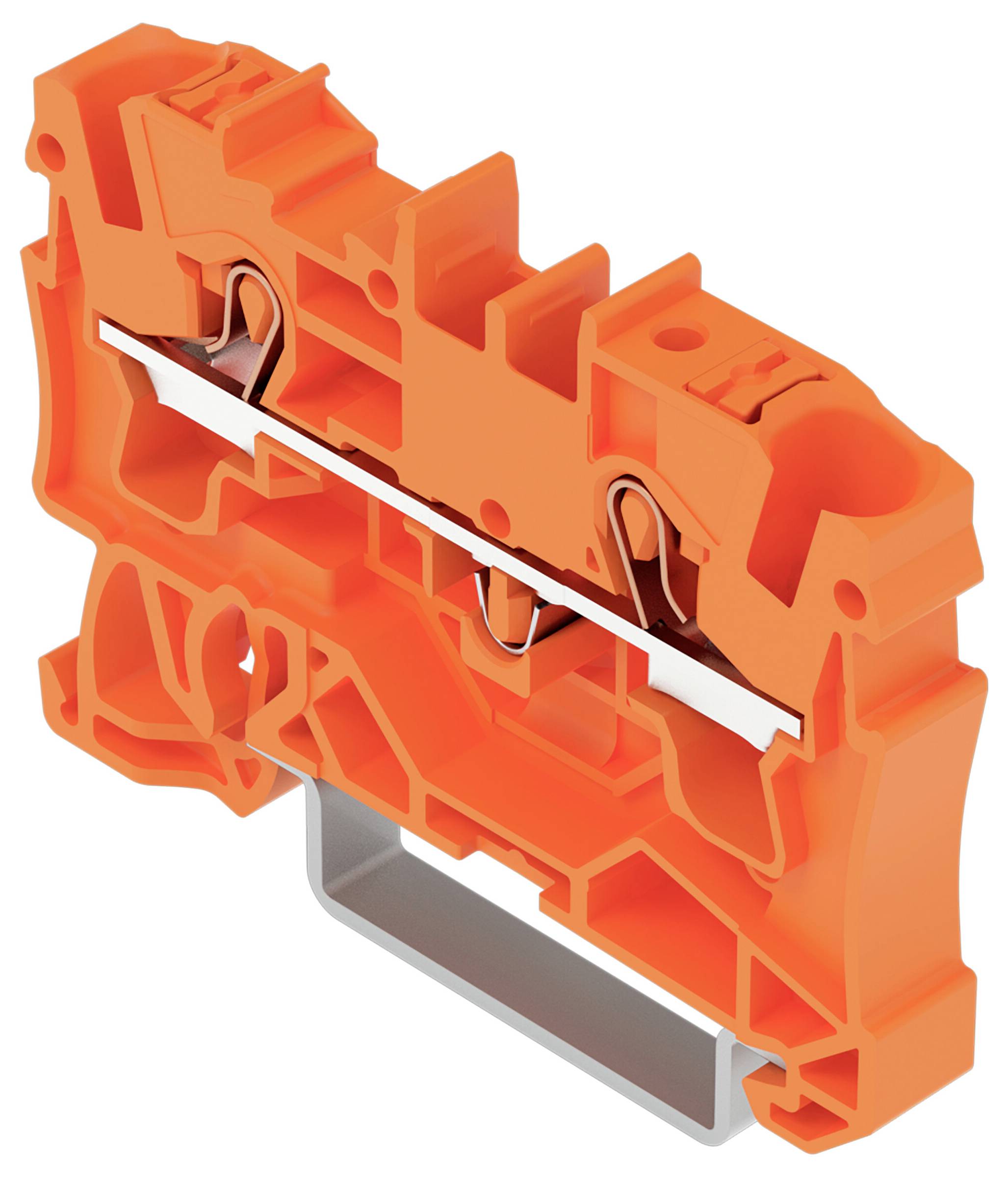Ein orangefarbener Klemmblock mit Metalleitern, mit kompaktem Design für elektrische Verbindungen.