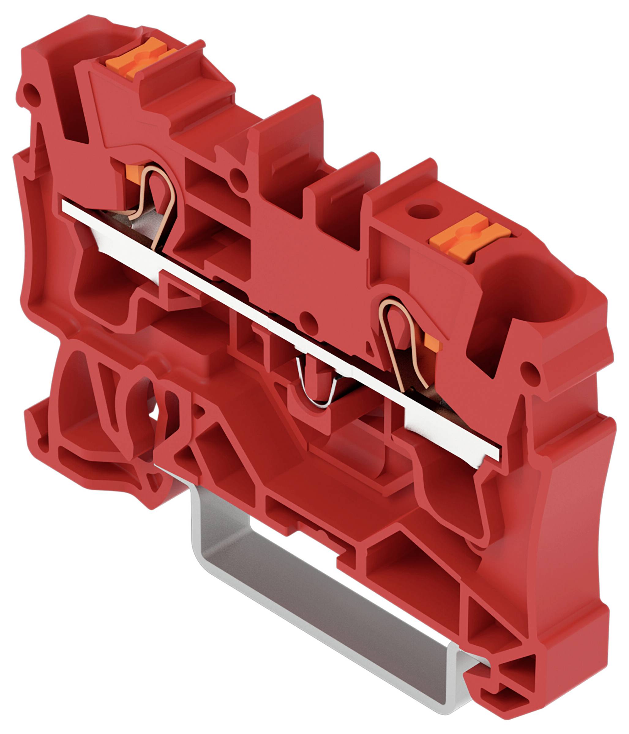 Ein rotes modulares Klemmblock mit mehreren Anschlußpunkten und einem orangen Hebel zur elektrischen Verdrahtung, das in Schaltschränken verwendet wird.