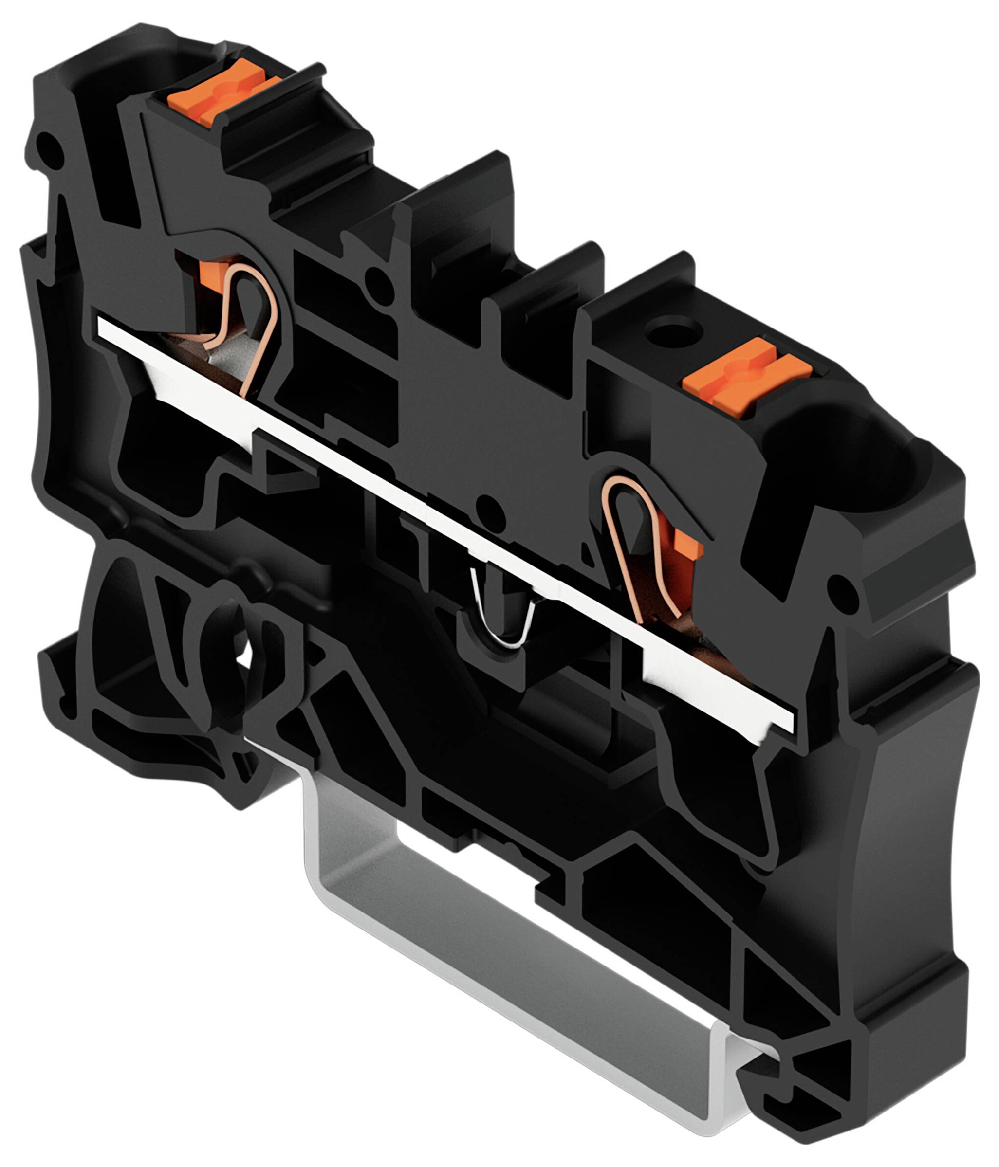 Ein schwarzer elektrischer Klemmenblock mit orangefarbenen Komponenten und einem Metallstecker, der zum Sichern und Verbinden von Verdrahtung in elektrischen Schaltkreisen konzipiert ist.