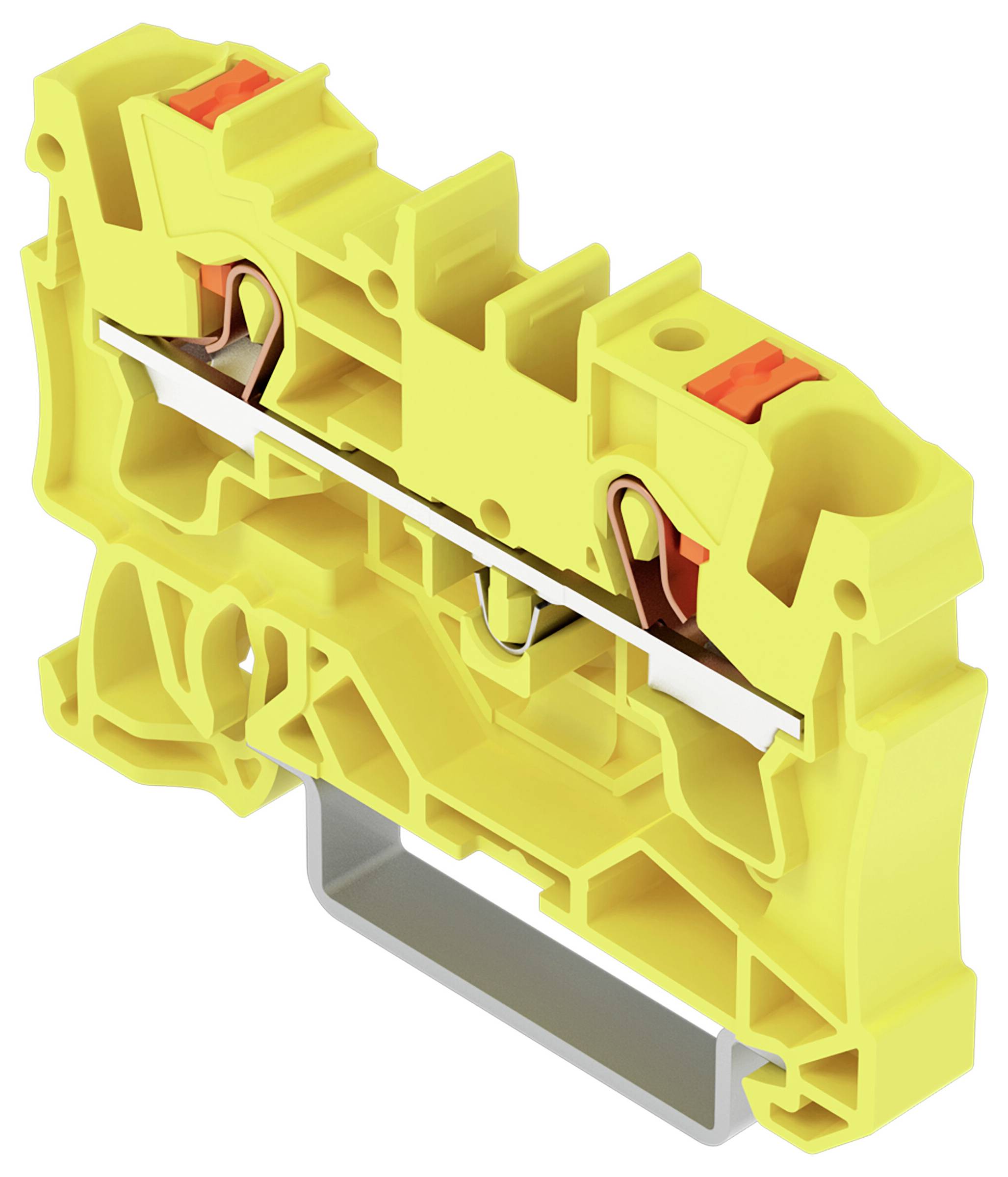 Ein gelbes Klemmenblock mit einem Metalleiter innen, mit roten Hebeln oben, wird für elektrische Verbindungen verwendet.