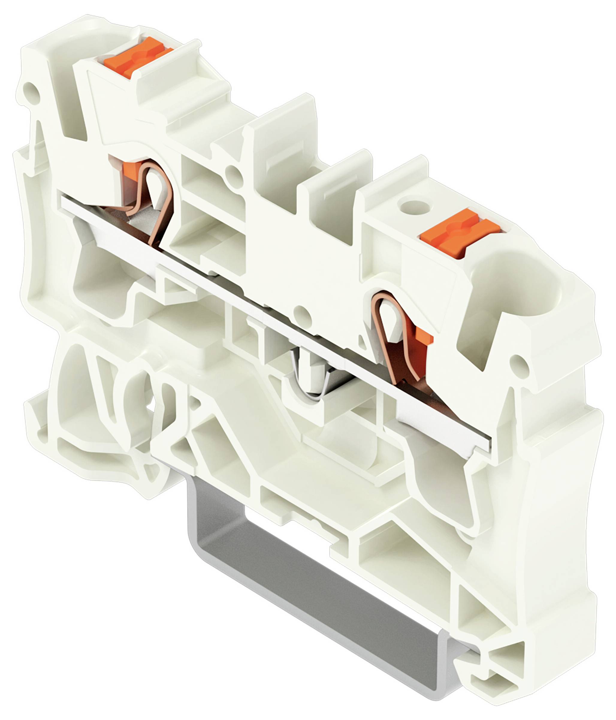 Eine Nahaufnahme eines weißen Kunststoff-Elektroklemmenblocks mit Metallverbindern und orangefarbenen Betätigungshebeln.