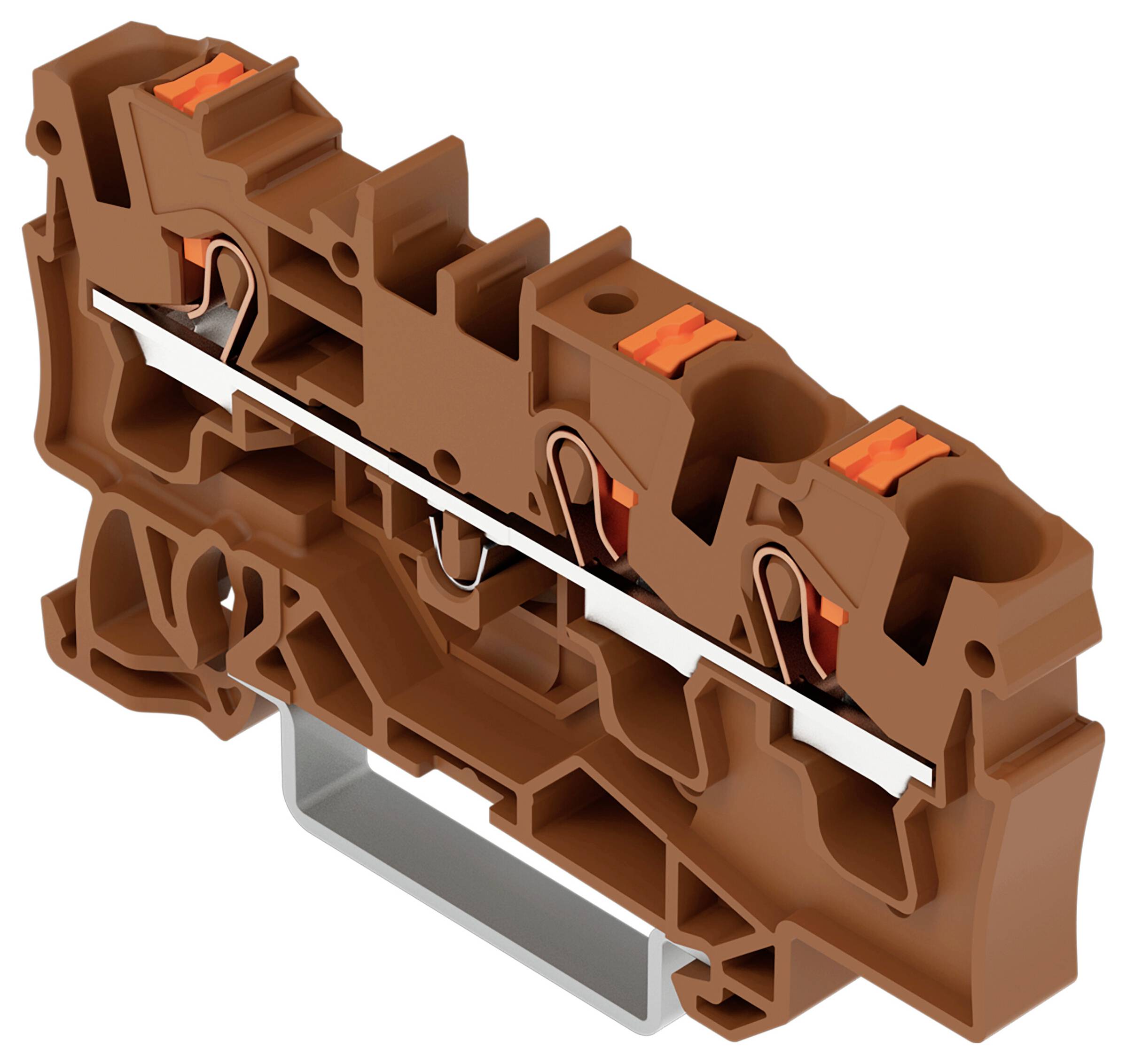Ein braunes Elektroklemmblock mit drei Anschlüssen und orangefarbenen Hebeln, das zum Sichern von Elektroverbindungen verwendet wird.