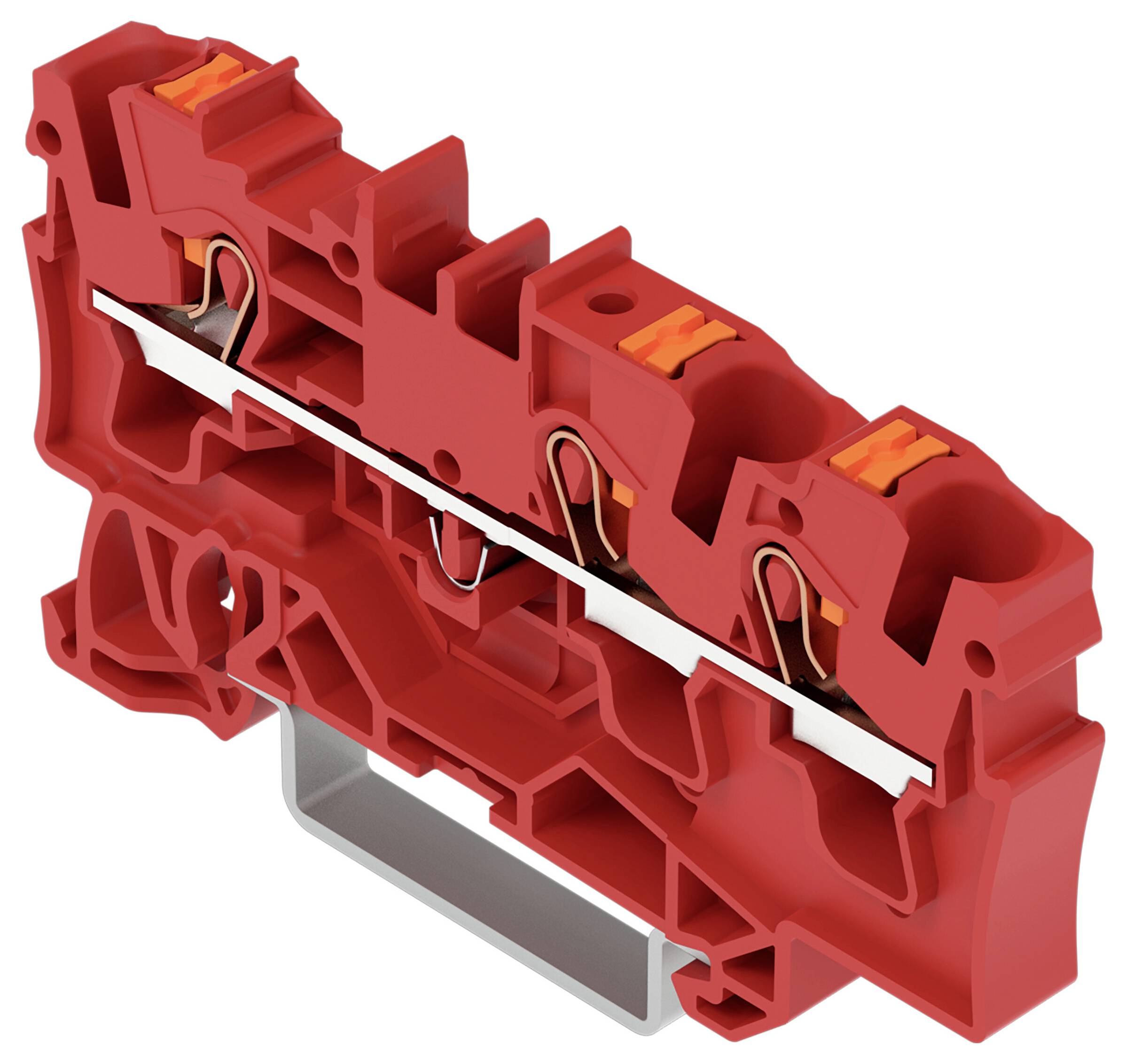 Klemmenblock mit weißem Gehäuse und orangefarbenen Hebeln, entwickelt für elektrische Drahtverbindungen, mit einer Montageschiene an der Basis.