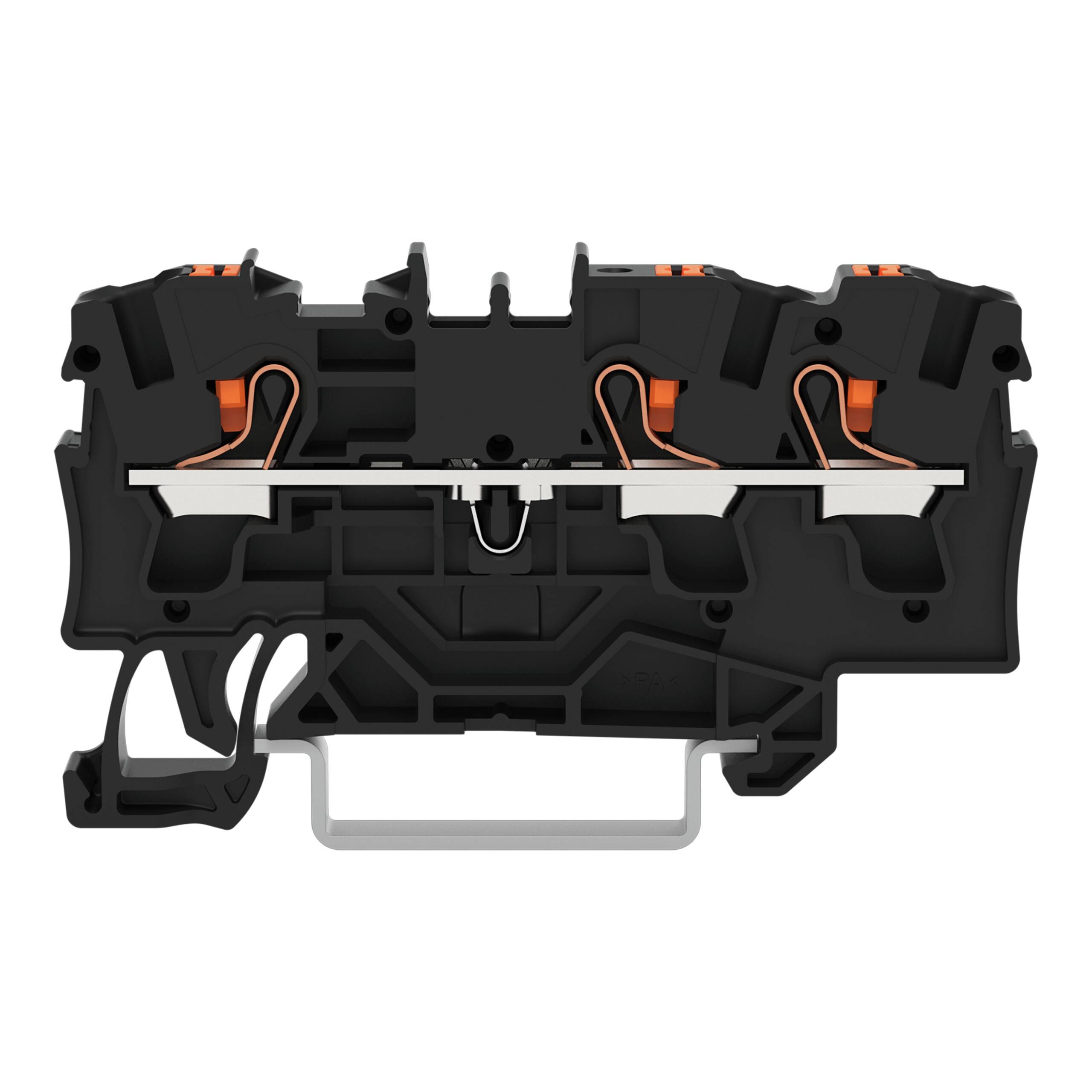 Ein Querschnitt eines schwarzen Klemmblocks, der interne Verbindungsmechanismen zeigt, mit sichtbaren orangefarbenen Komponenten und einem zentralen metallischen Teil.