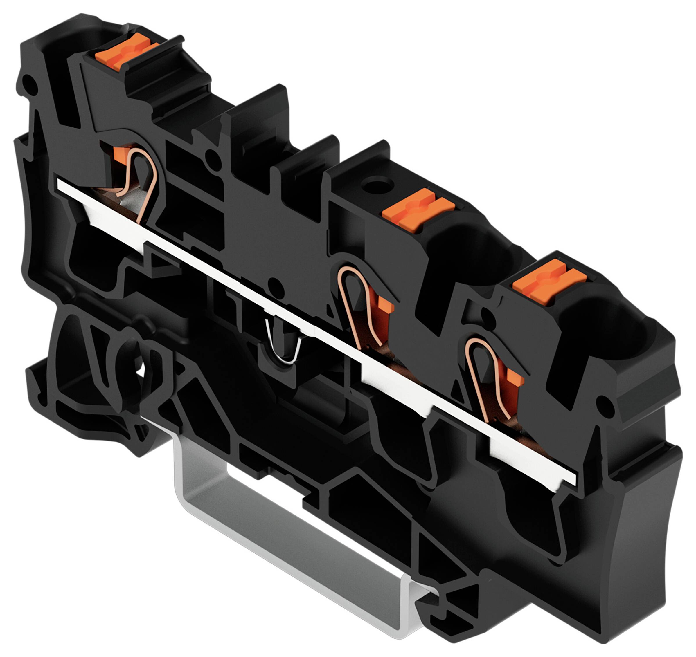 Schwarzer Klemmblock mit zwei orangefarbenen Klemmeneinsätzen und sichtbaren Kupferleitern. Entwickelt für elektrische Verbindungen in einer Industrieumgebung.