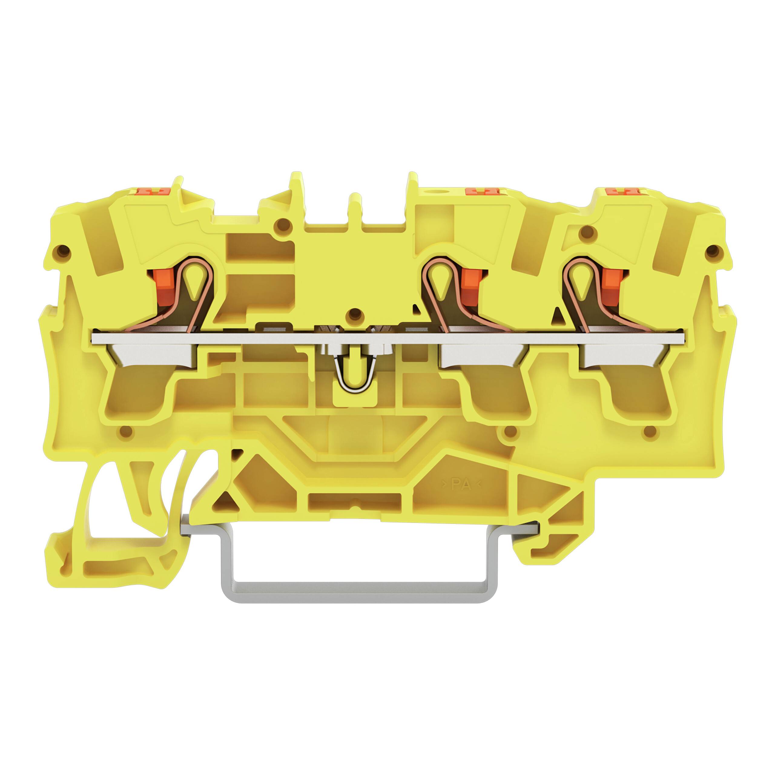 Ein gelbes Elektro-Klemmleistenelement mit Metallverbindungspunkten und sichtbaren internen Komponenten, entworfen für Verdrahtungssysteme.