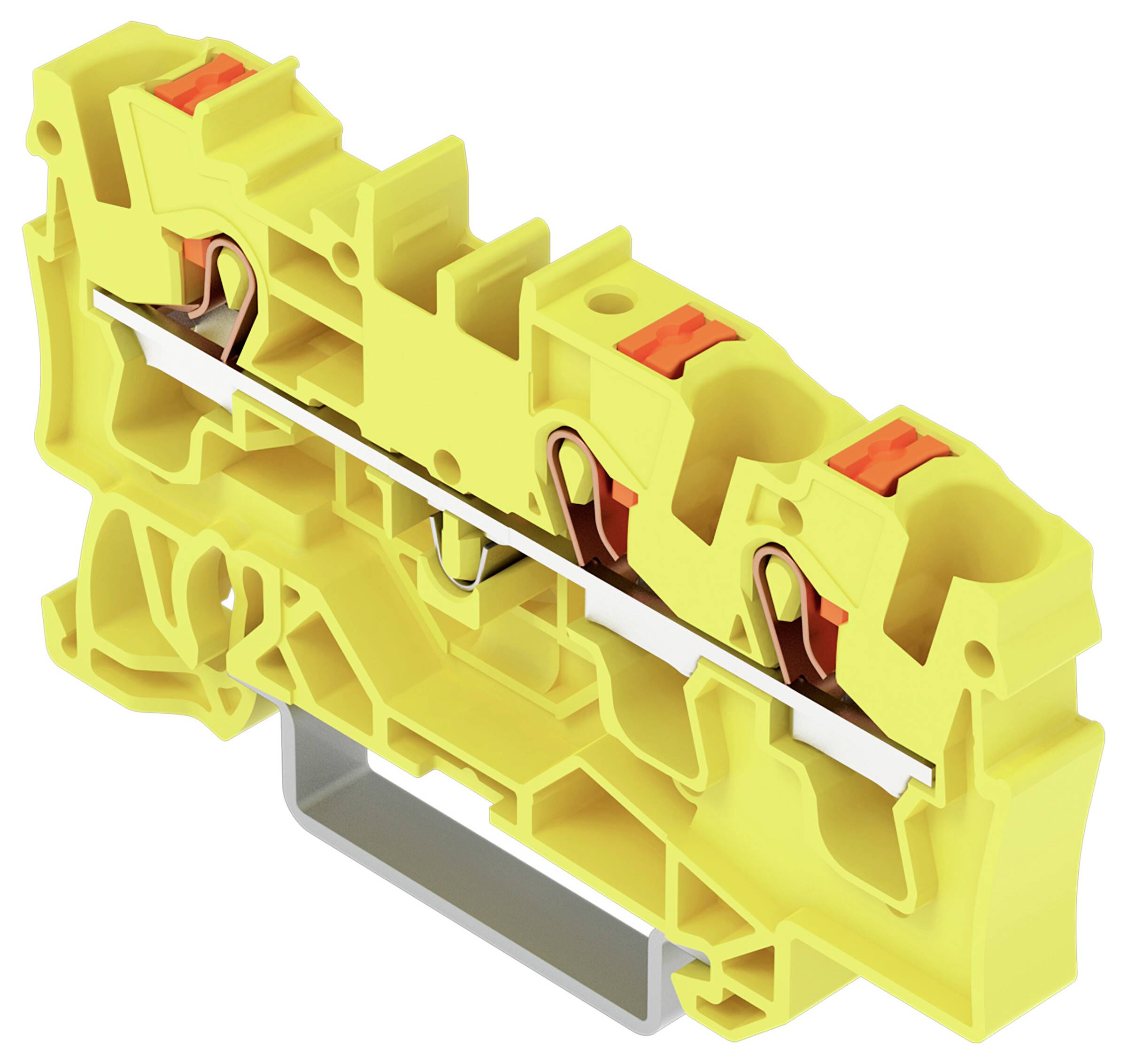 Ein gelbes Anschlussleistenelement mit leitfähigen Metallkomponenten und orangefarbenen Freigabehebeln, das zum Verbinden und Sichern von Drähten verwendet wird.
