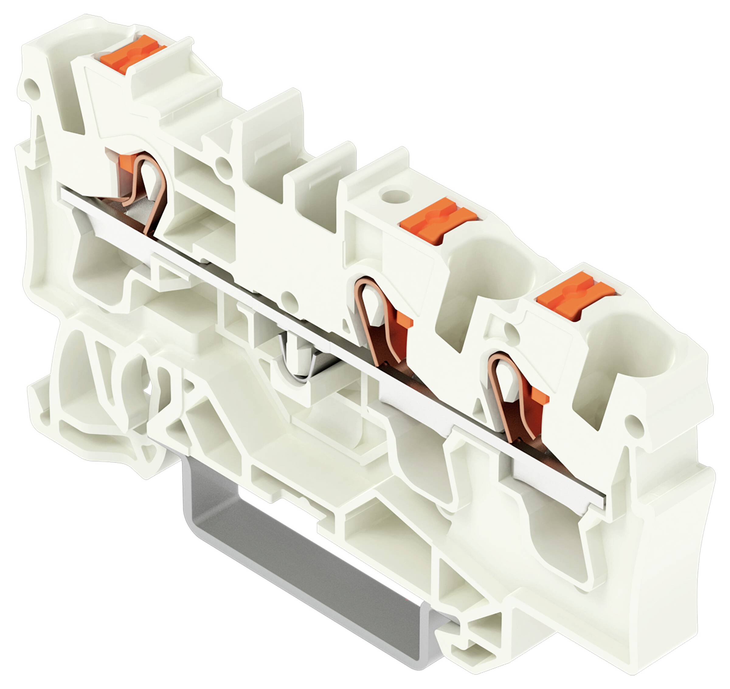 Ein weiß-orangefarbener Elektroklemmenblock zum Verbinden von Drähten mit drei Drahteingangsöffnungen und einer Montagebasis.