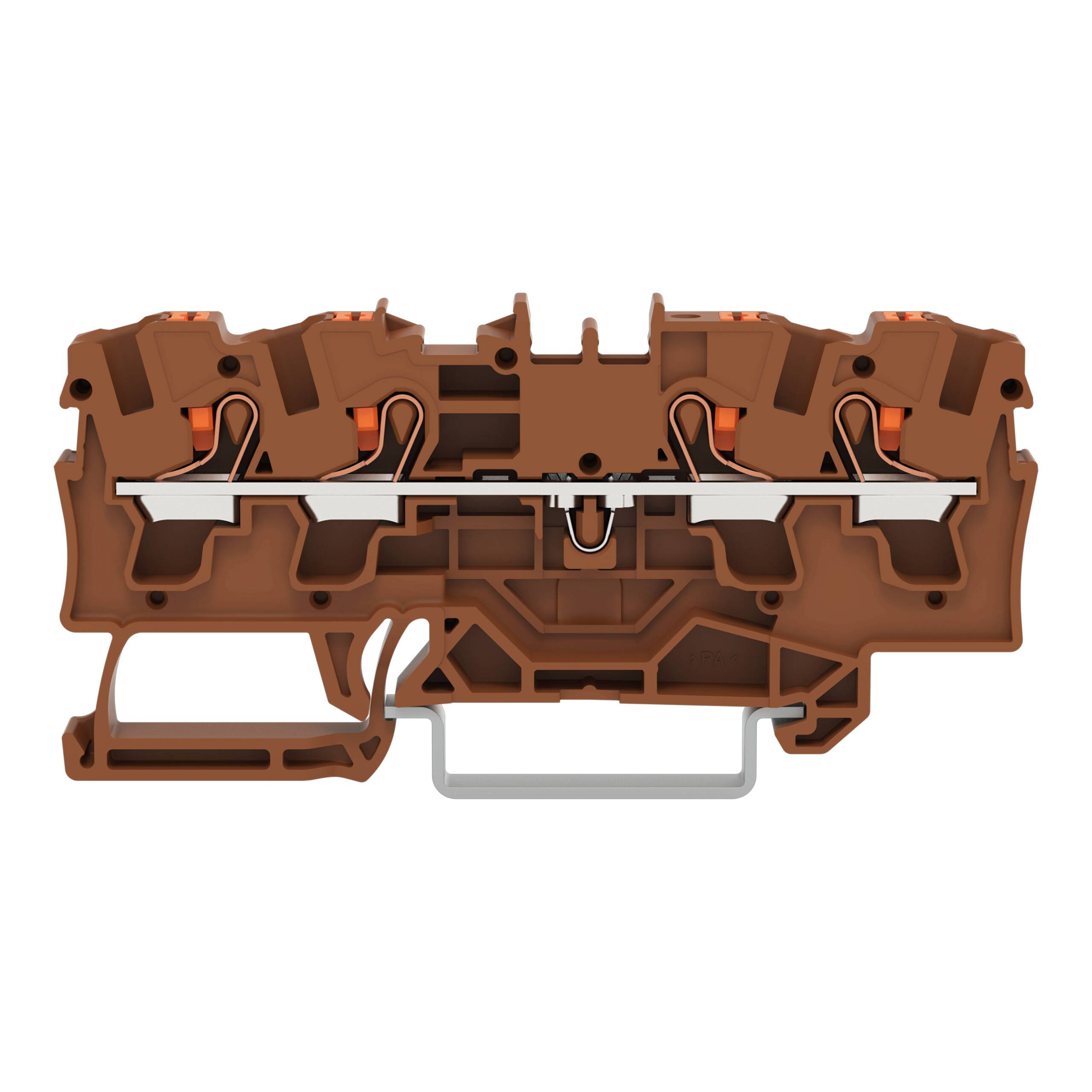 Ein braunes modulares Klemmenblock mit metallischen Komponenten, das für elektrische Verbindungen konzipiert ist und interne Schaltkreise und Anschlussplätze zeigt.