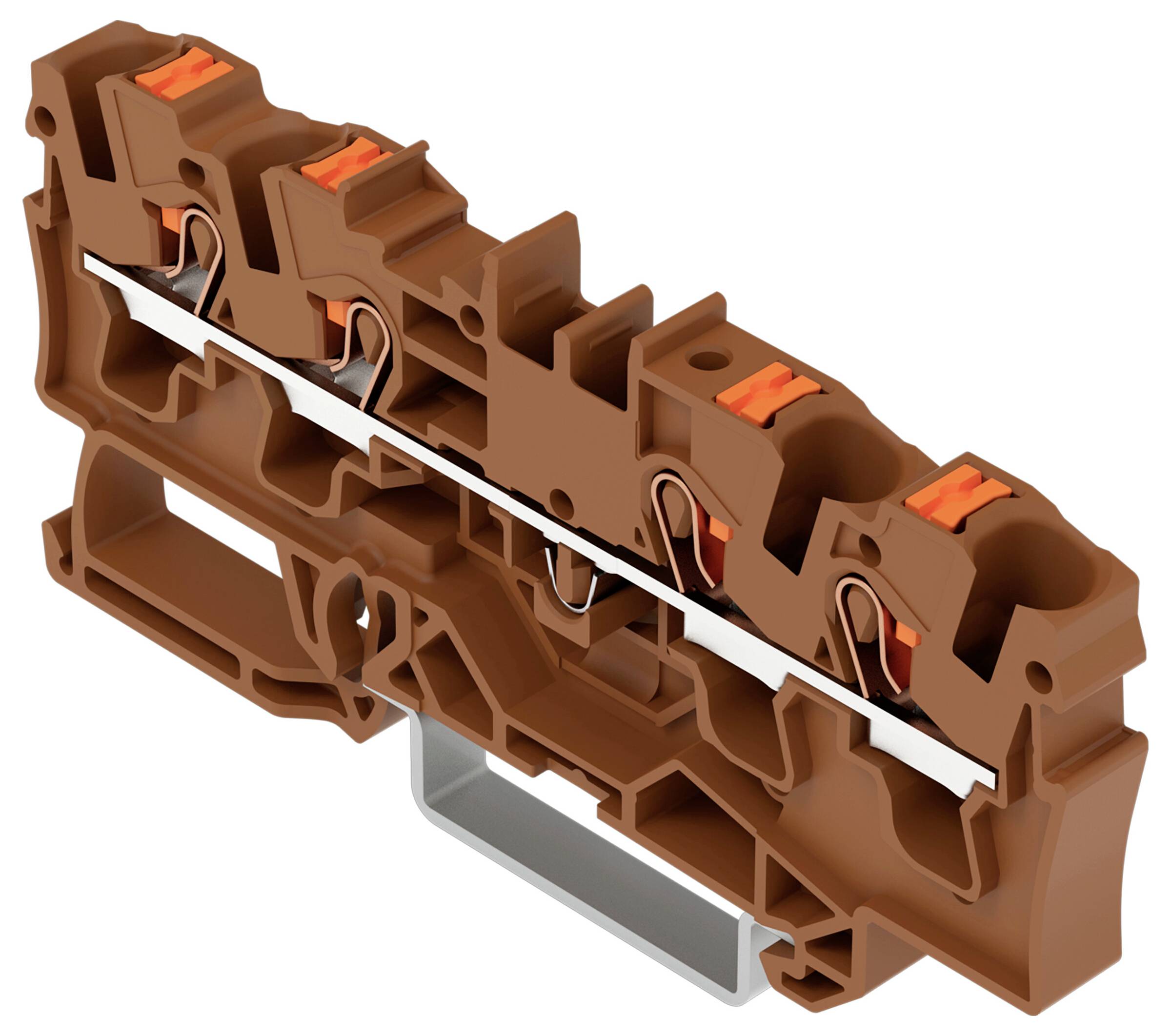 Ein braunes, mehrstöckiges Anschlussblock mit orange Hebeln und Metallverbindern, das zum Befestigen und Organisieren von Elektrokabeln verwendet wird.