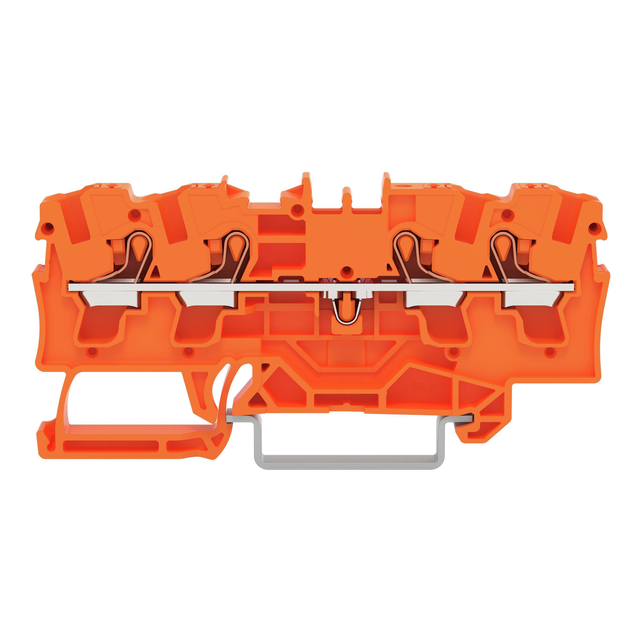 Ein orangefarbiger Elektrostecker mit Metallkomponenten, der interne Clips und Verdrahtungskanäle für sichere elektrische Verbindungen zeigt.