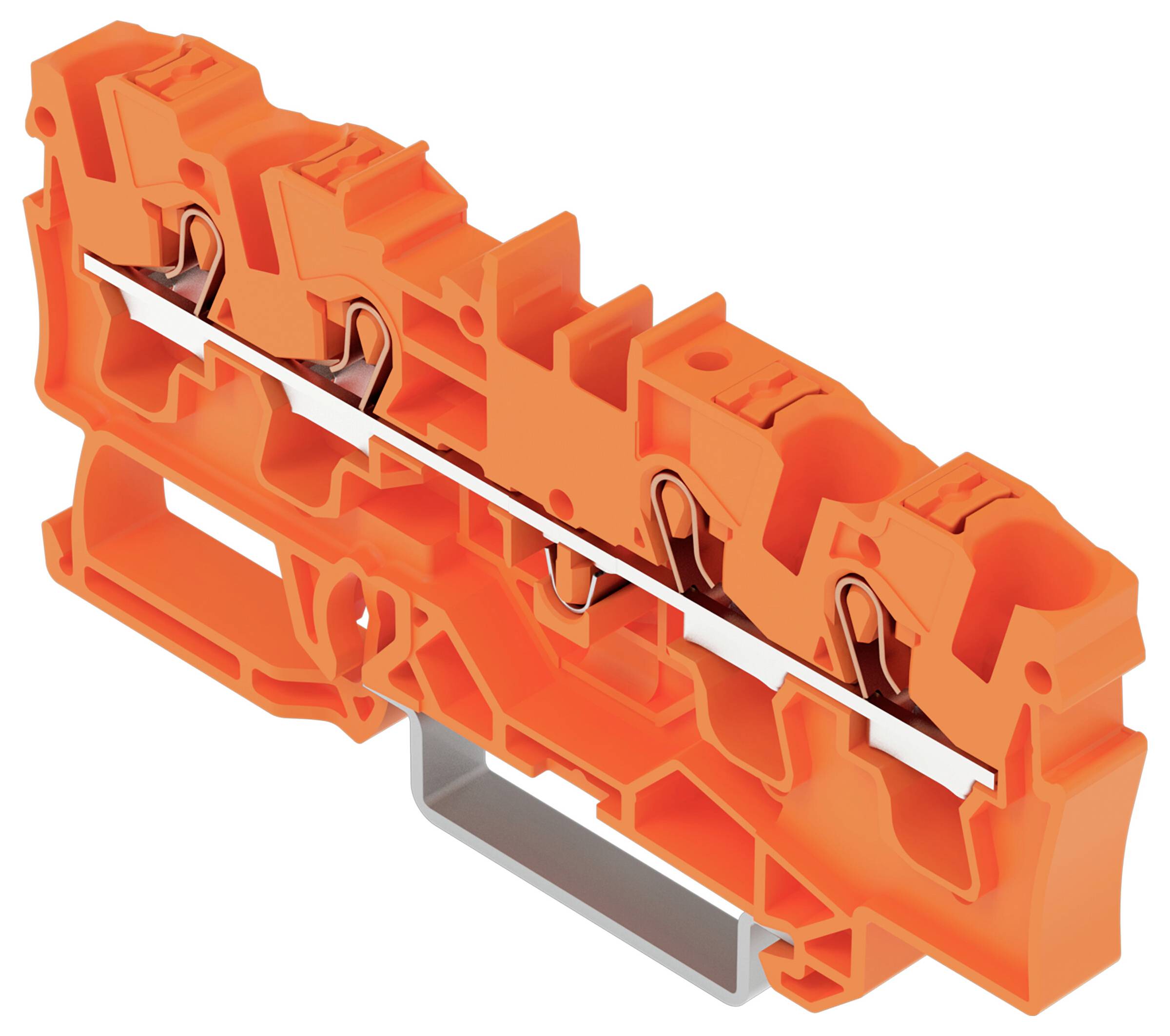 Oranges Klemmenblock mit mehreren Anschllusspunkten und einer Metallschienenhalterung, die interne Verdrahtungskanäle und Klemmen zeigt.