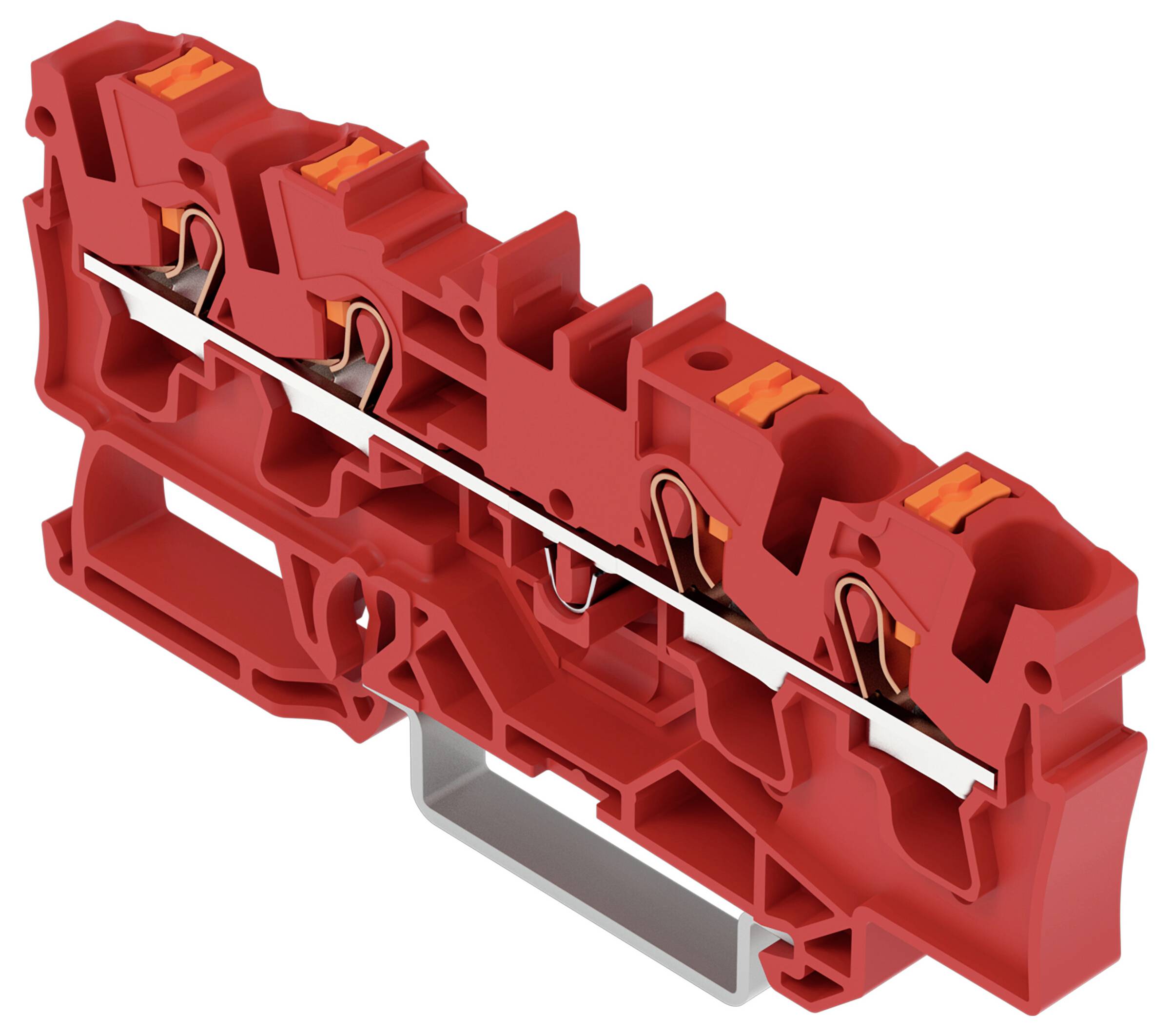 Rotes dreistufiges Klemmleistenblock mit orangefarbenen Hebeln, entwickelt für sichere elektrische Verbindungen, zeigt offene und geschlossene Klemmstellungen.